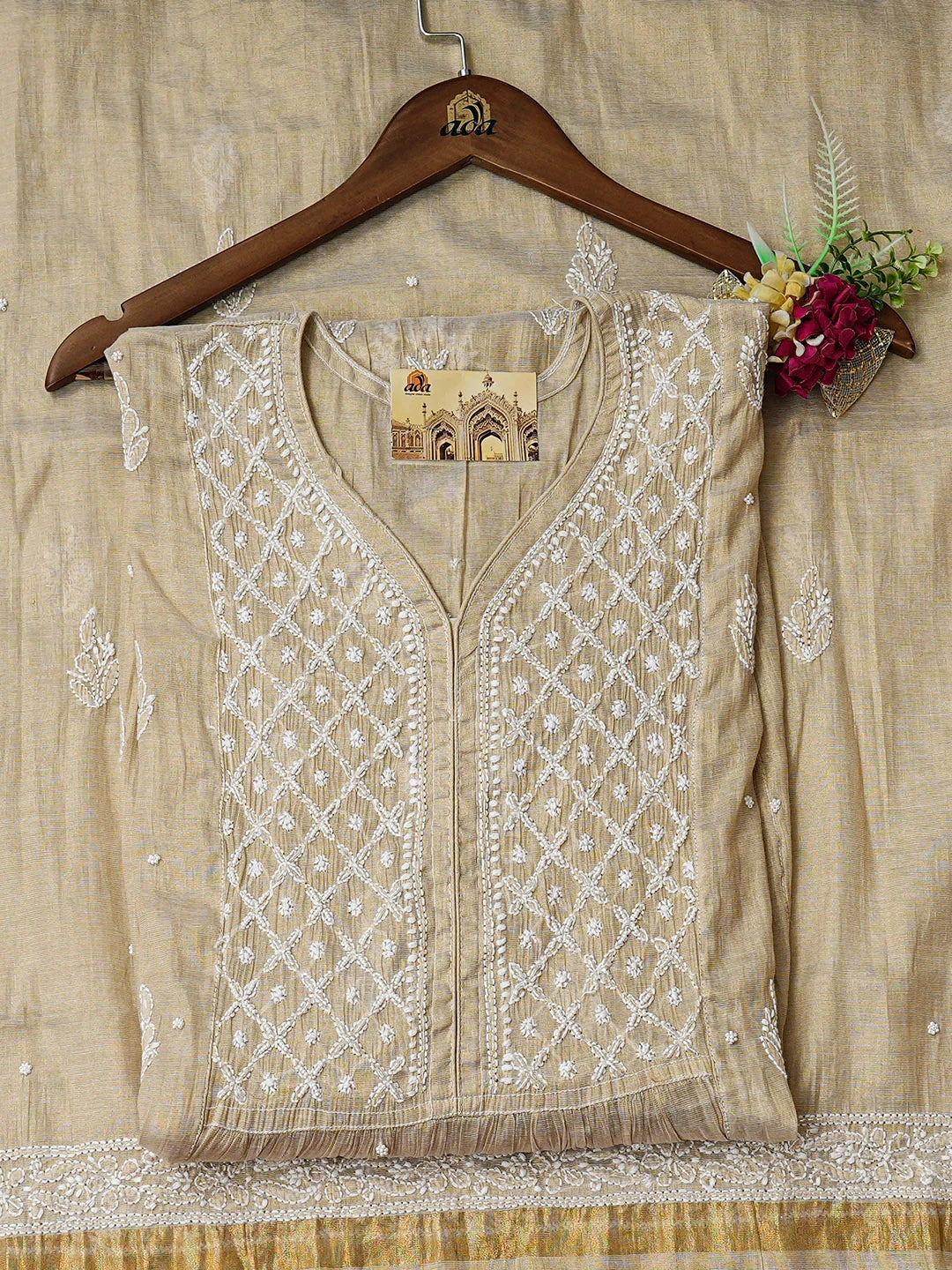 Ada Hand Embroidered Fawn Tissue Lucknowi Chikankari Unstitched Kurta Dupatta Set With Pearl Work 01A921646