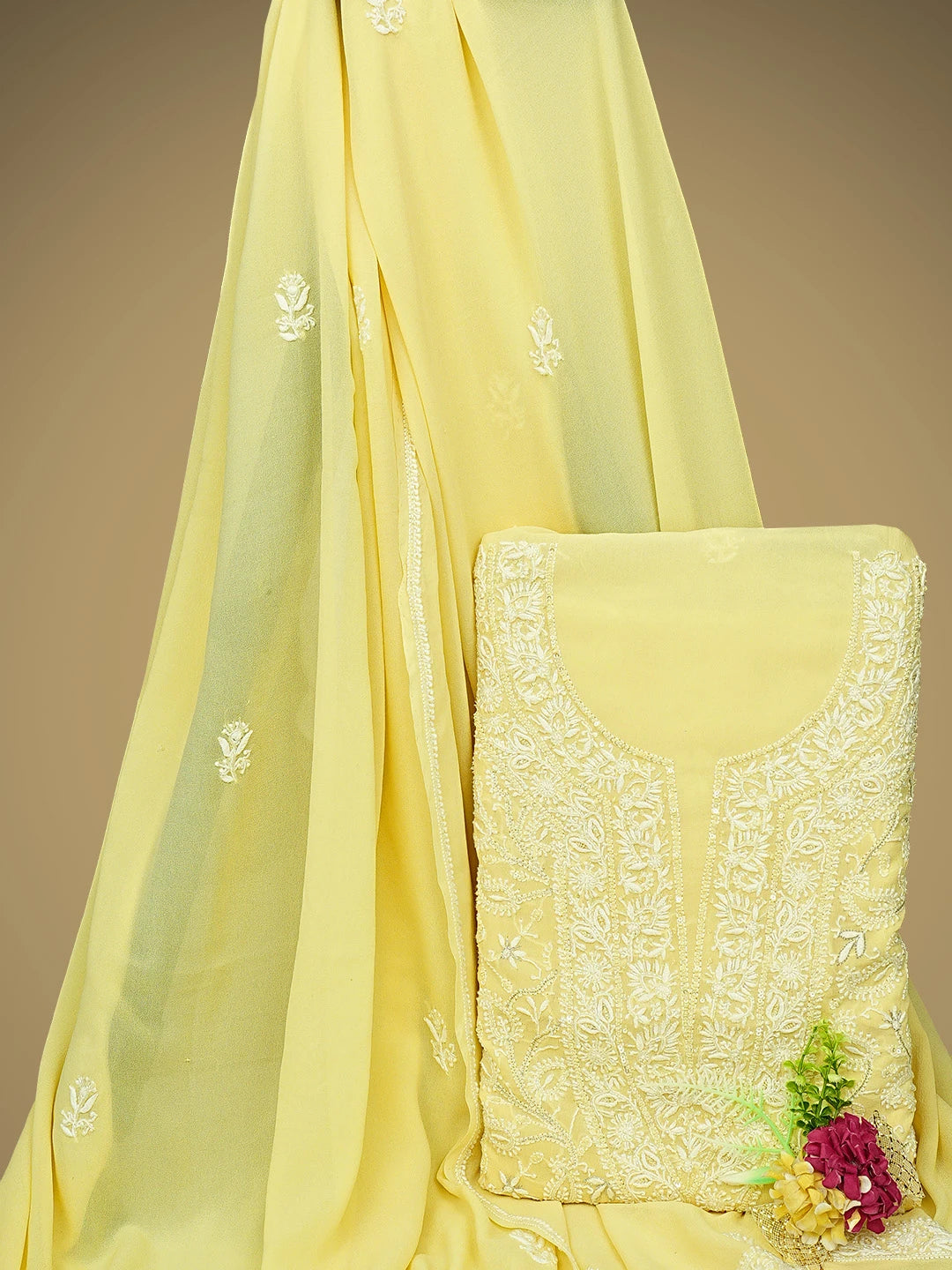 Ada Hand Embroidered Jasmine Yellow Pure Georgette Lucknowi Chikankari Unstitched Kurta Dupatta Set With Zari Work 01A692629