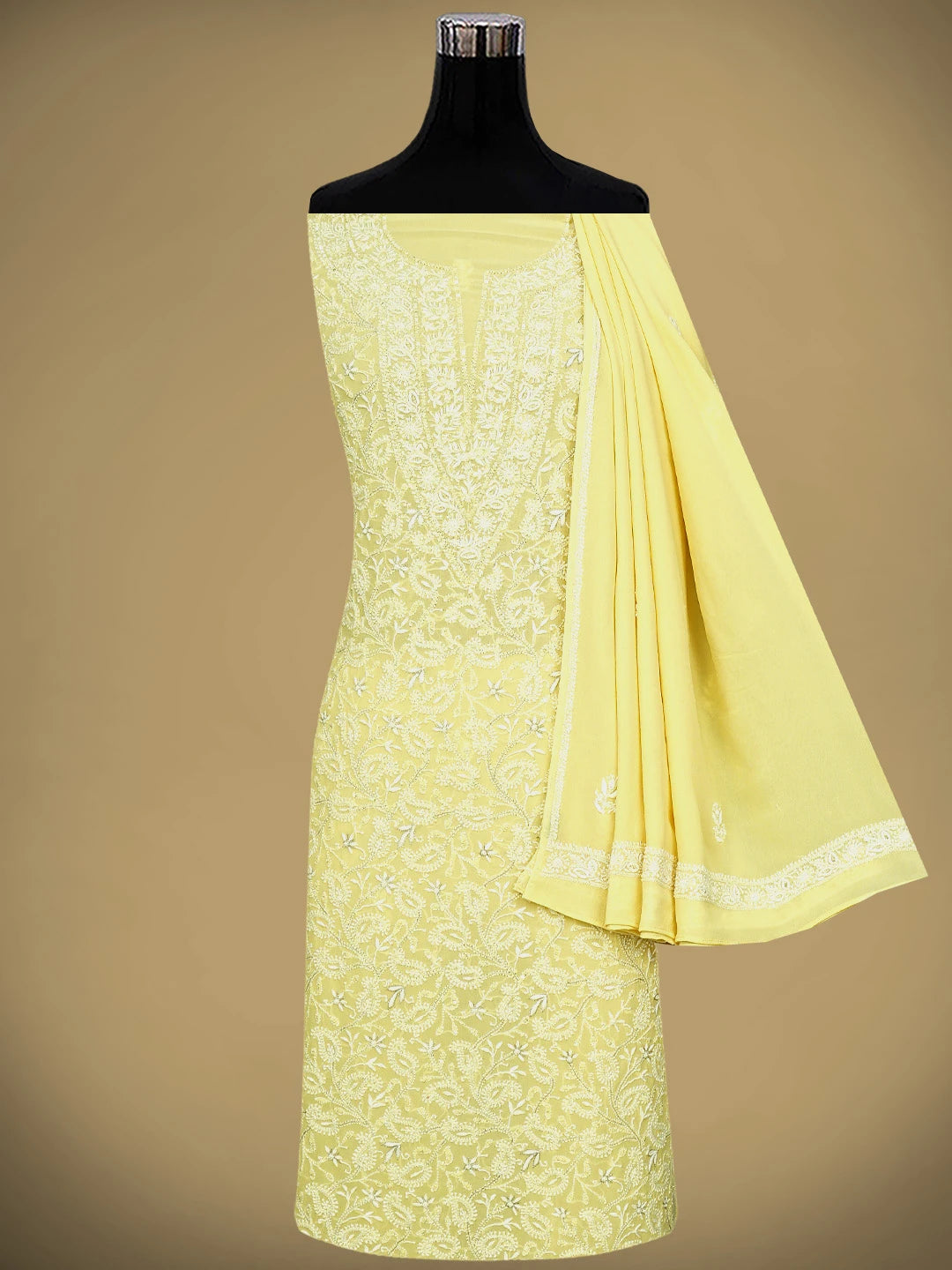 Ada Hand Embroidered Jasmine Yellow Pure Georgette Lucknowi Chikankari Unstitched Kurta Dupatta Set With Zari Work 01A692629