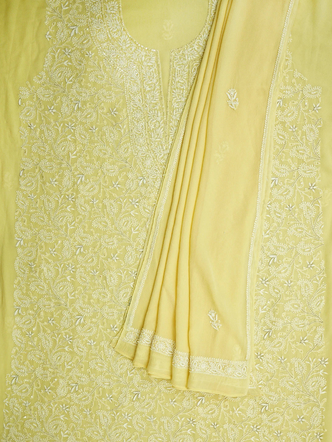 Ada Hand Embroidered Jasmine Yellow Pure Georgette Lucknowi Chikankari Unstitched Kurta Dupatta Set With Zari Work 01A692629