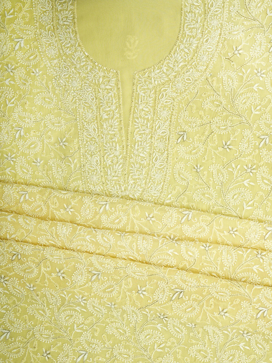 Ada Hand Embroidered Jasmine Yellow Pure Georgette Lucknowi Chikankari Unstitched Kurta Dupatta Set With Zari Work 01A692629