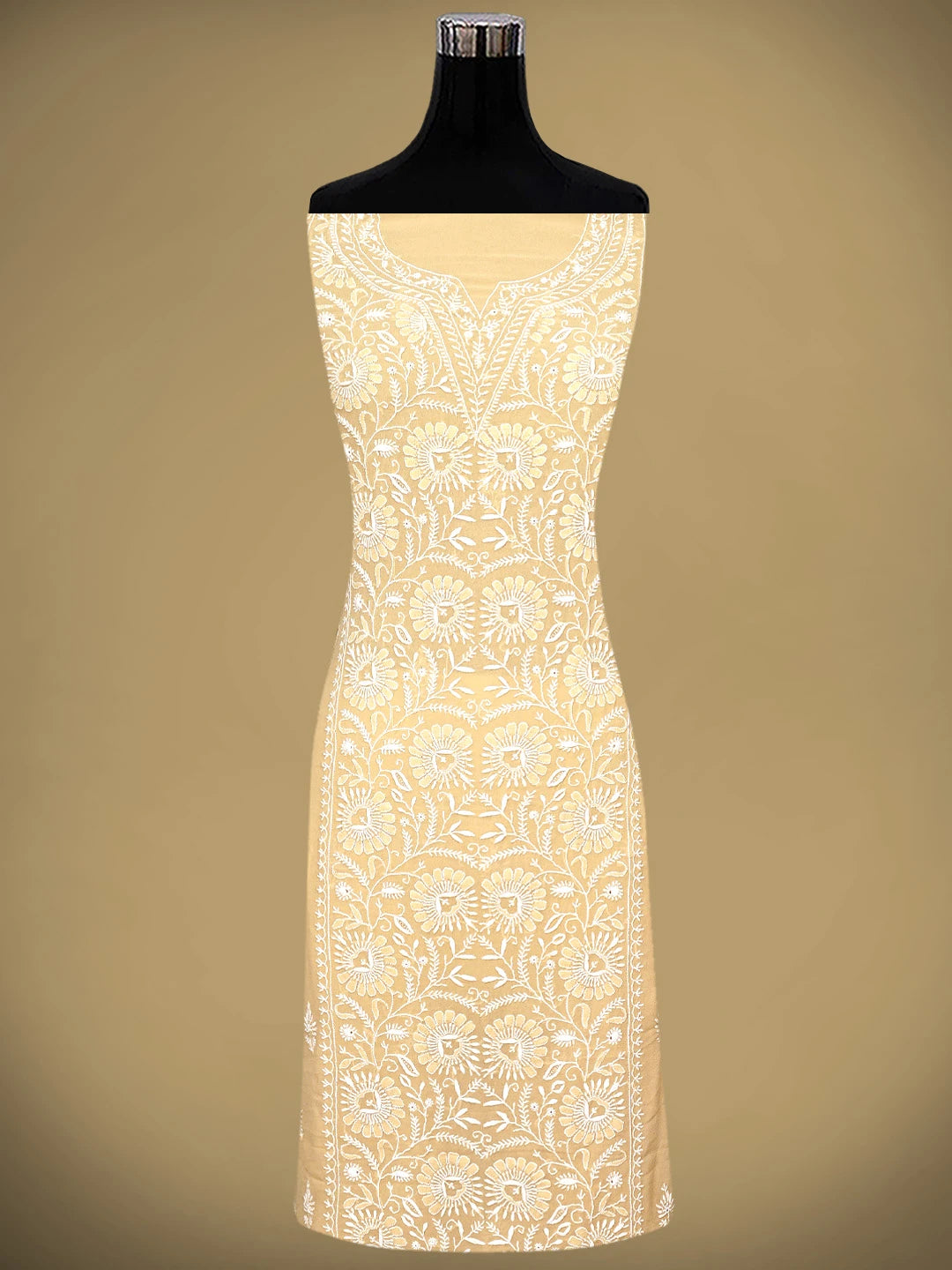 Ada Hand Embroidered Fawn Pure Georgette Lucknowi Chikankari Unstitched Kurta Dupatta Set 01A915656