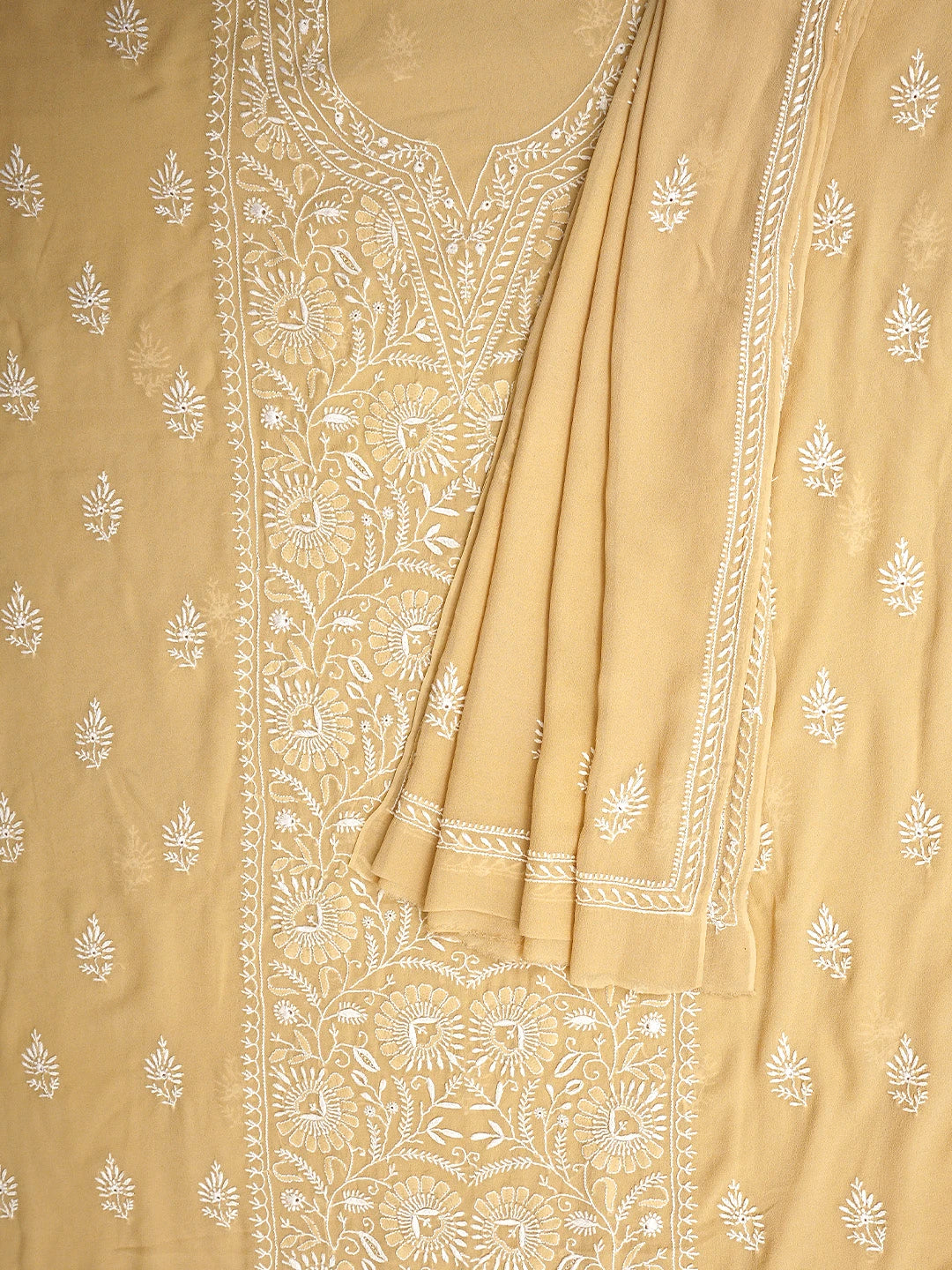 Ada Hand Embroidered Fawn Pure Georgette Lucknowi Chikankari Unstitched Kurta Dupatta Set 01A915656