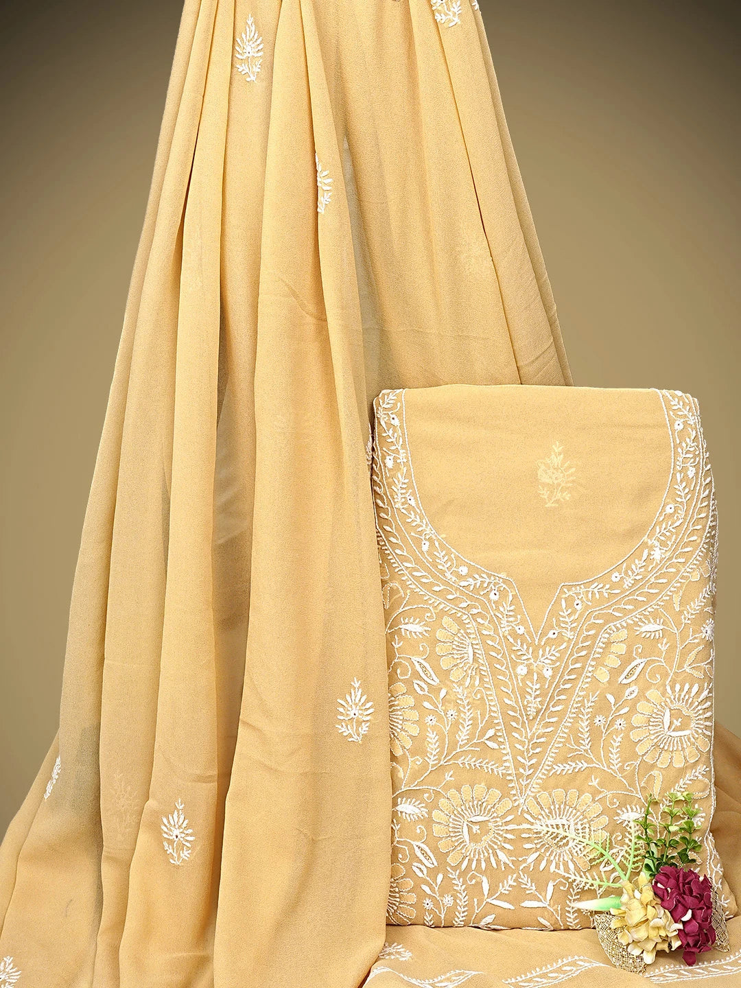 Ada Hand Embroidered Fawn Pure Georgette Lucknowi Chikankari Unstitched Kurta Dupatta Set 01A915656