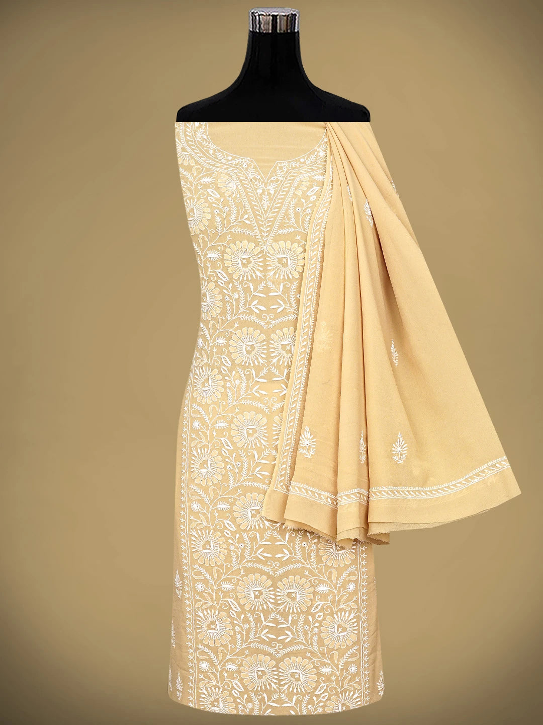 Ada Hand Embroidered Fawn Pure Georgette Lucknowi Chikankari Unstitched Kurta Dupatta Set 01A915656