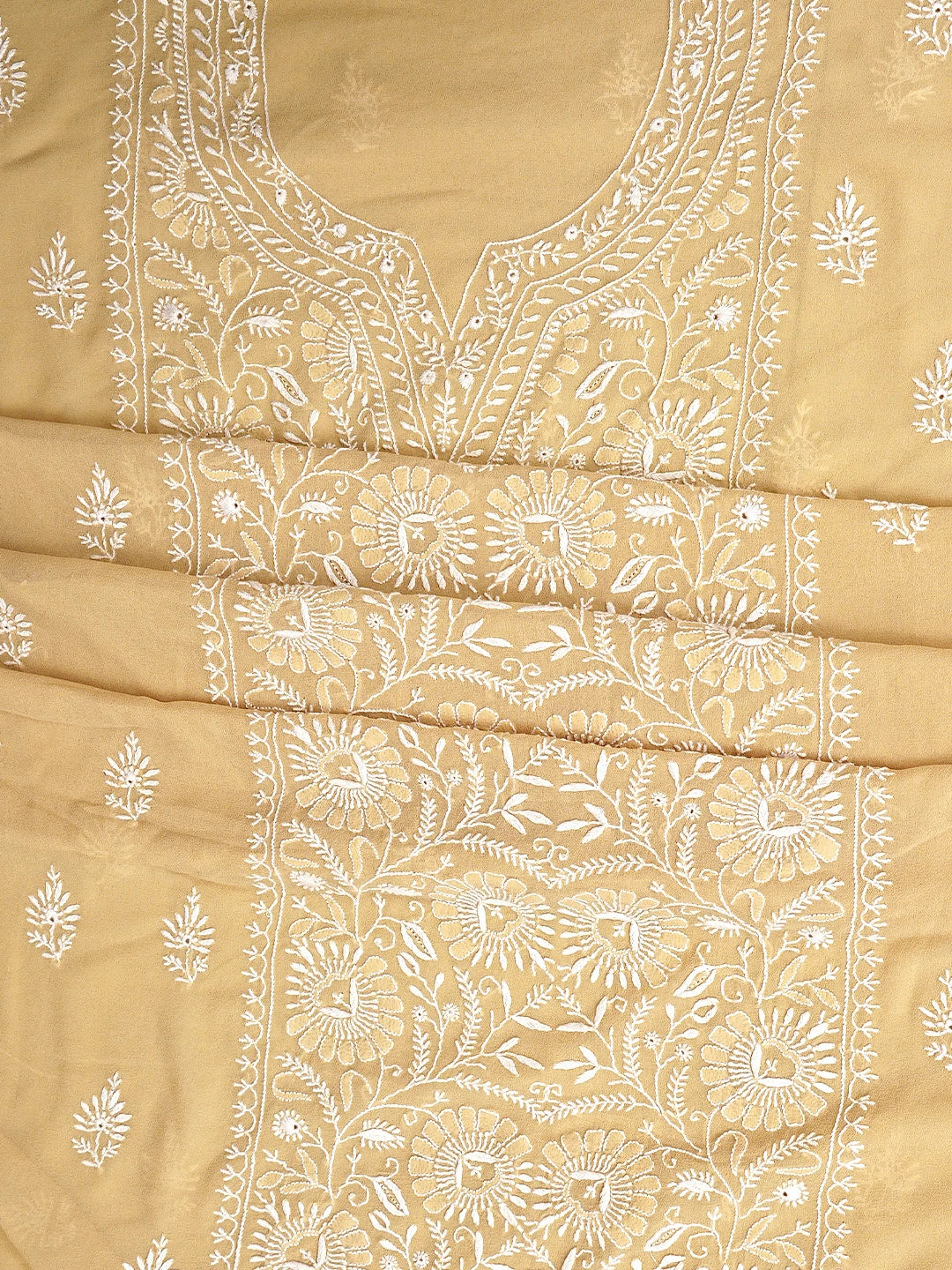 Ada Hand Embroidered Fawn Pure Georgette Lucknowi Chikankari Unstitched Kurta Dupatta Set 01A915656