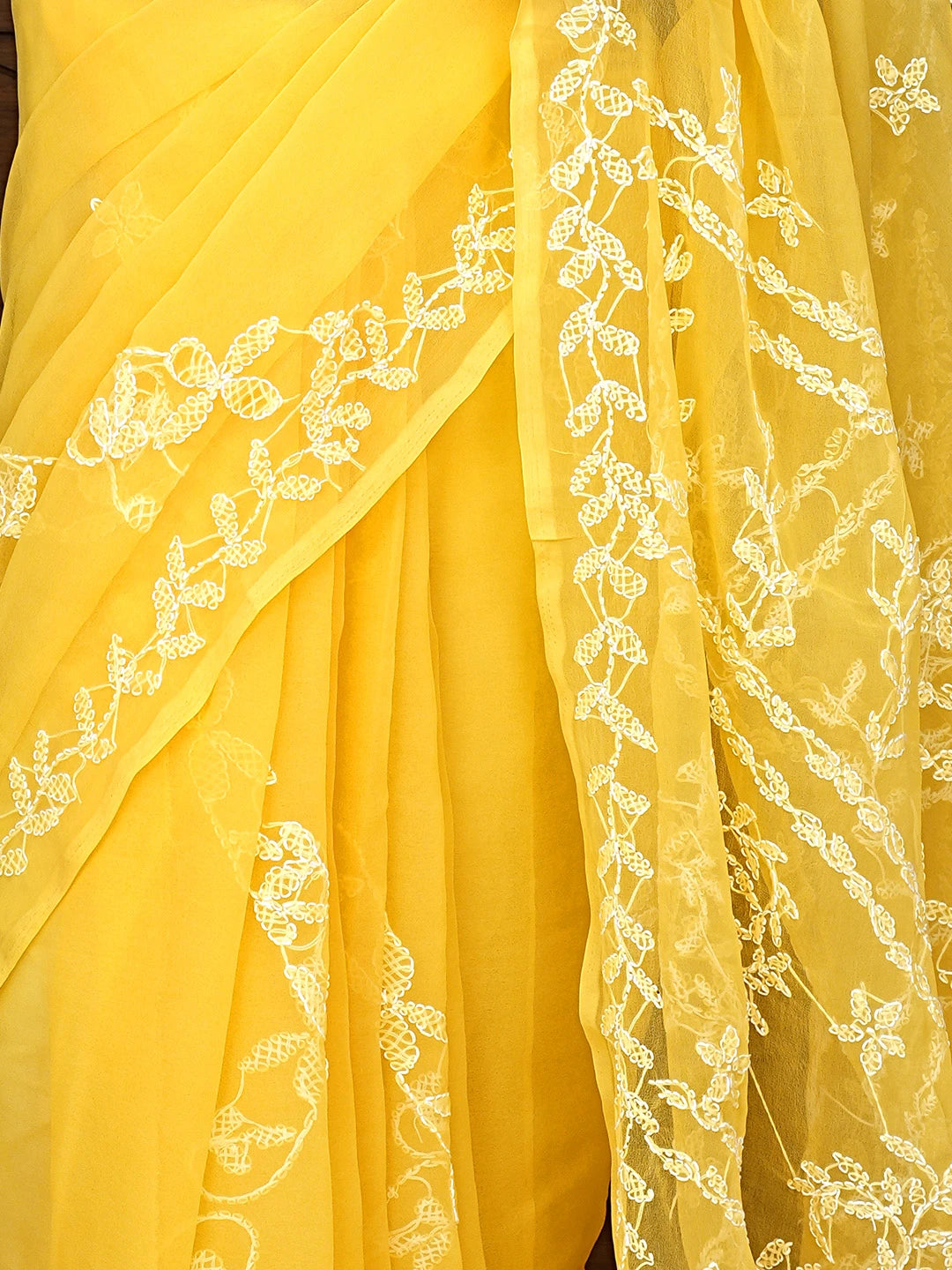 Ada Hand Embroidered Yellow Georgette Lucknowi Chikankari Saree With Blouse 01A934759