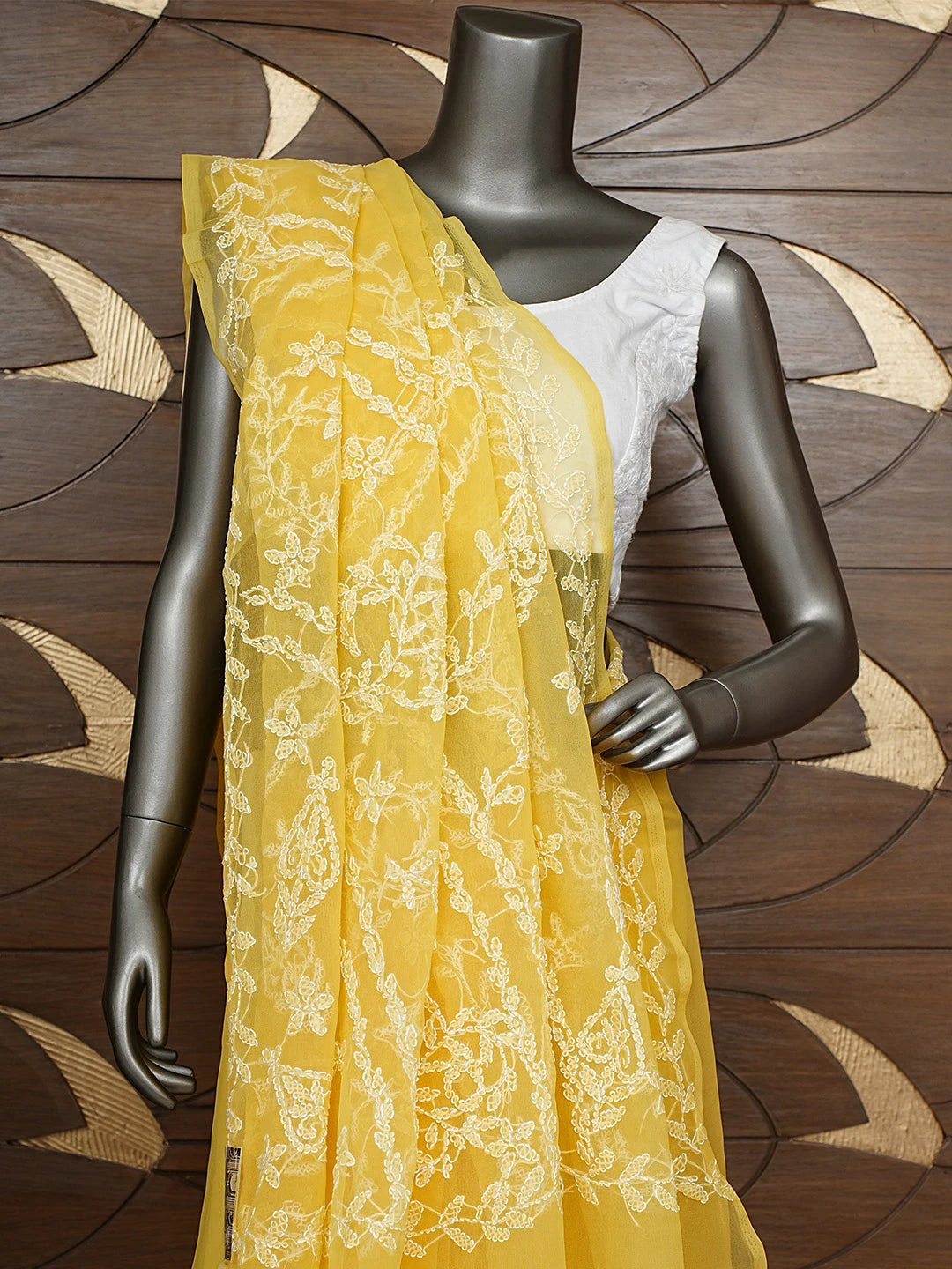 Ada Hand Embroidered Yellow Georgette Lucknowi Chikankari Saree With Blouse 01A934759