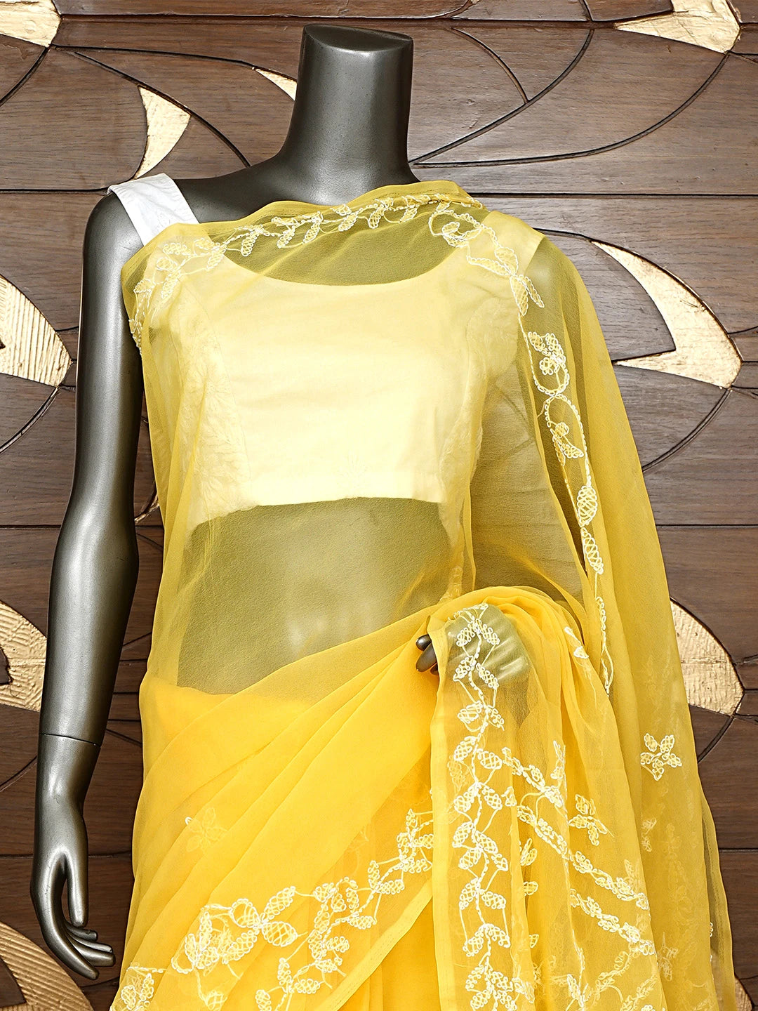 Ada Hand Embroidered Yellow Georgette Lucknowi Chikankari Saree With Blouse 01A934759