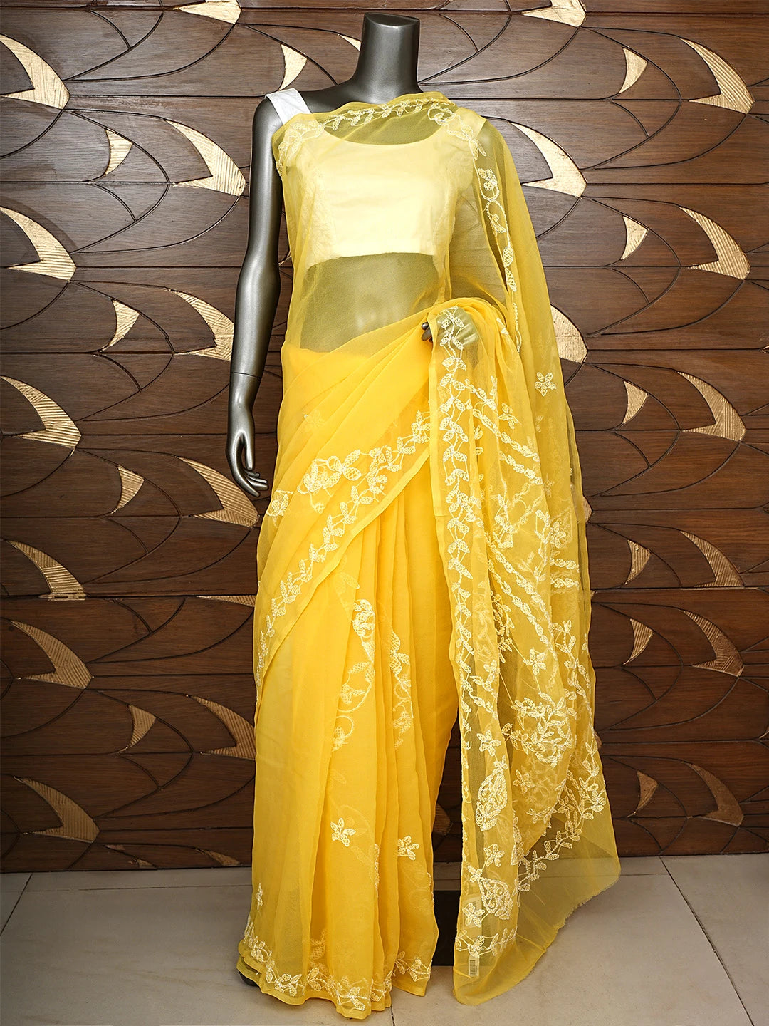 Ada Hand Embroidered Yellow Georgette Lucknowi Chikankari Saree With Blouse 01A934759