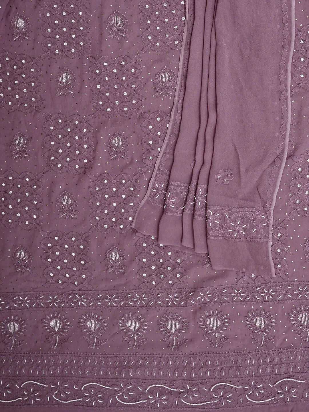 Ada Hand Embroidered Onion Pink Viscose Georgette Lucknowi Chikankari Unstitched Kurta Dupatta Set With Pearl Work 01A910977