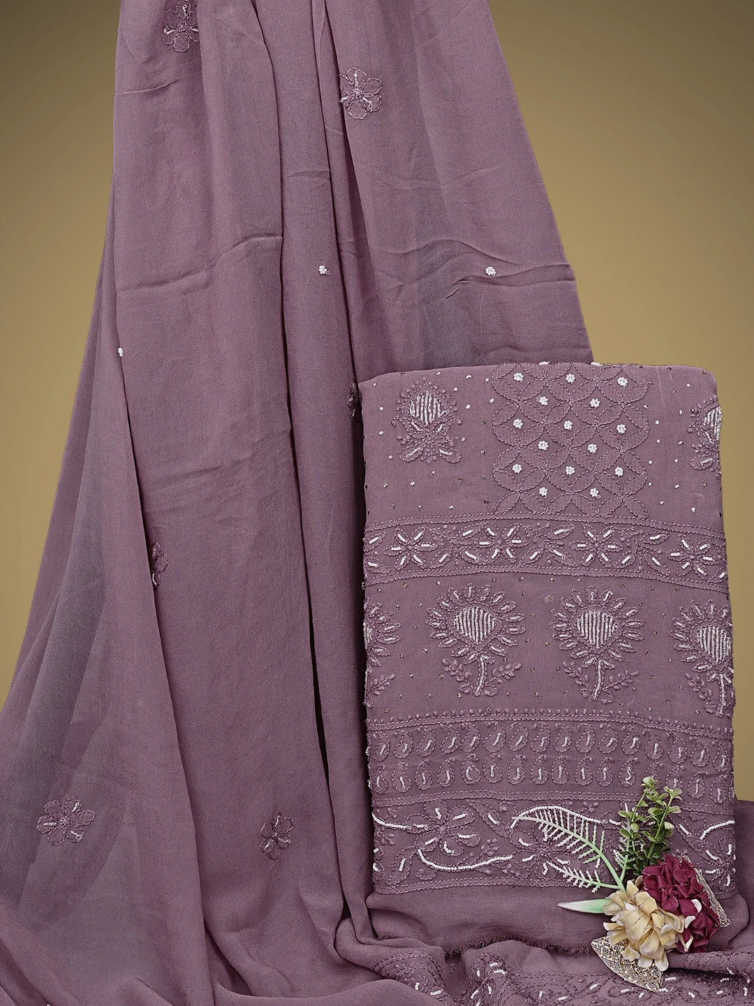 Ada Hand Embroidered Onion Pink Viscose Georgette Lucknowi Chikankari Unstitched Kurta Dupatta Set With Pearl Work 01A910977