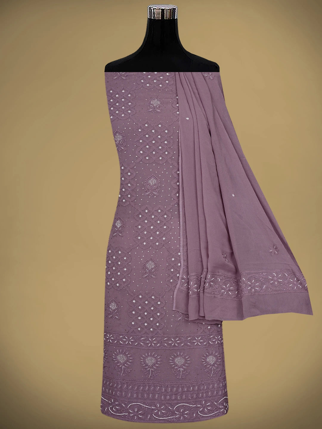 Ada Hand Embroidered Onion Pink Viscose Georgette Lucknowi Chikankari Unstitched Kurta Dupatta Set With Pearl Work 01A910977