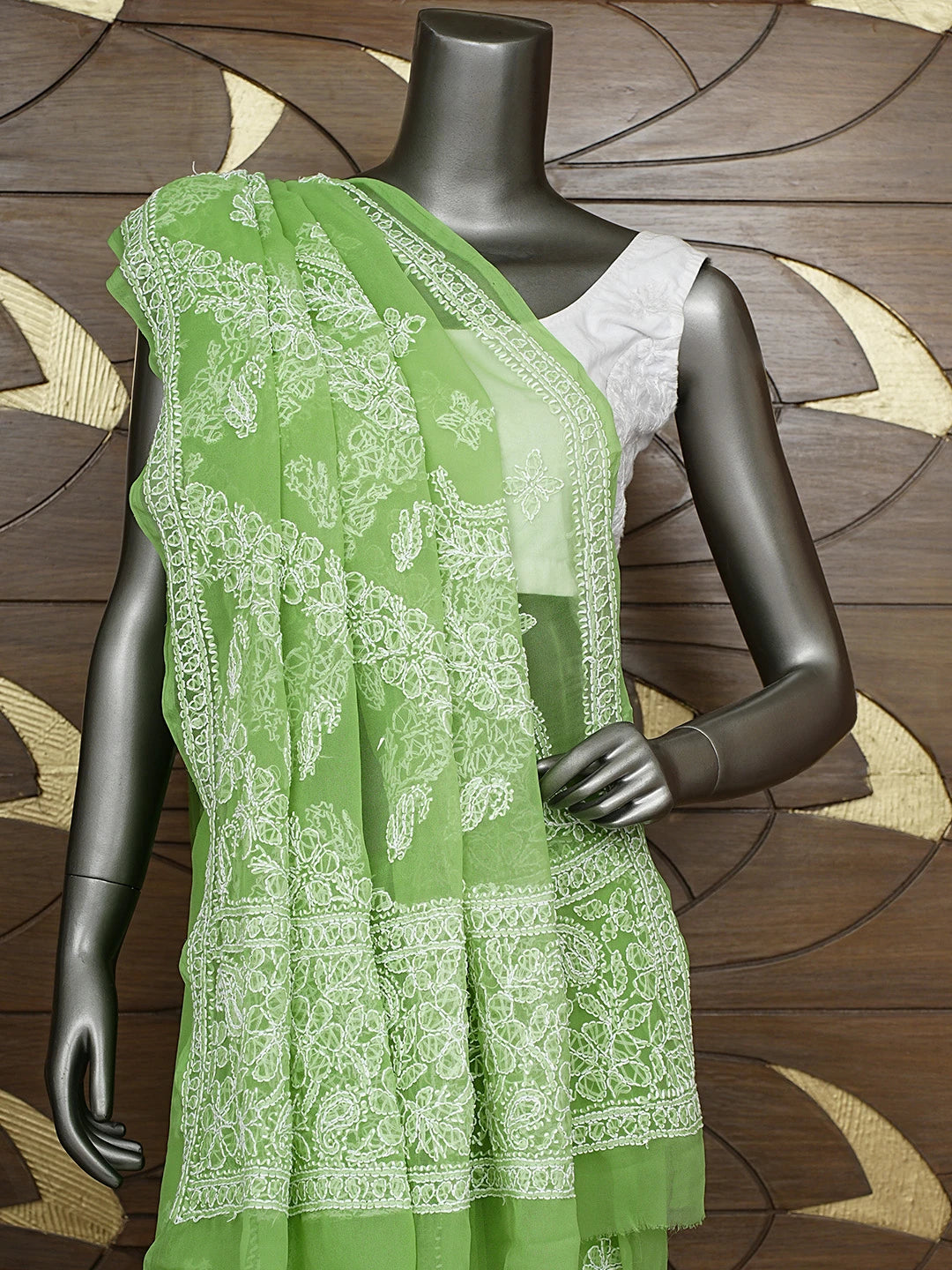 Ada Hand Embroidered Green Georgette Lucknowi Chikankari Saree With Blouse 01A947707
