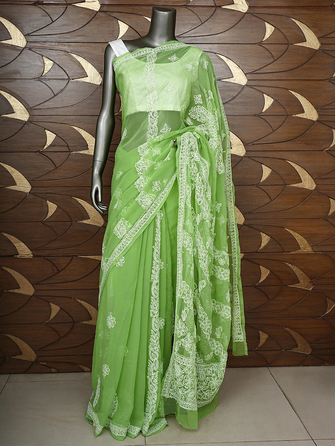 Ada Hand Embroidered Green Georgette Lucknowi Chikankari Saree With Blouse 01A947707