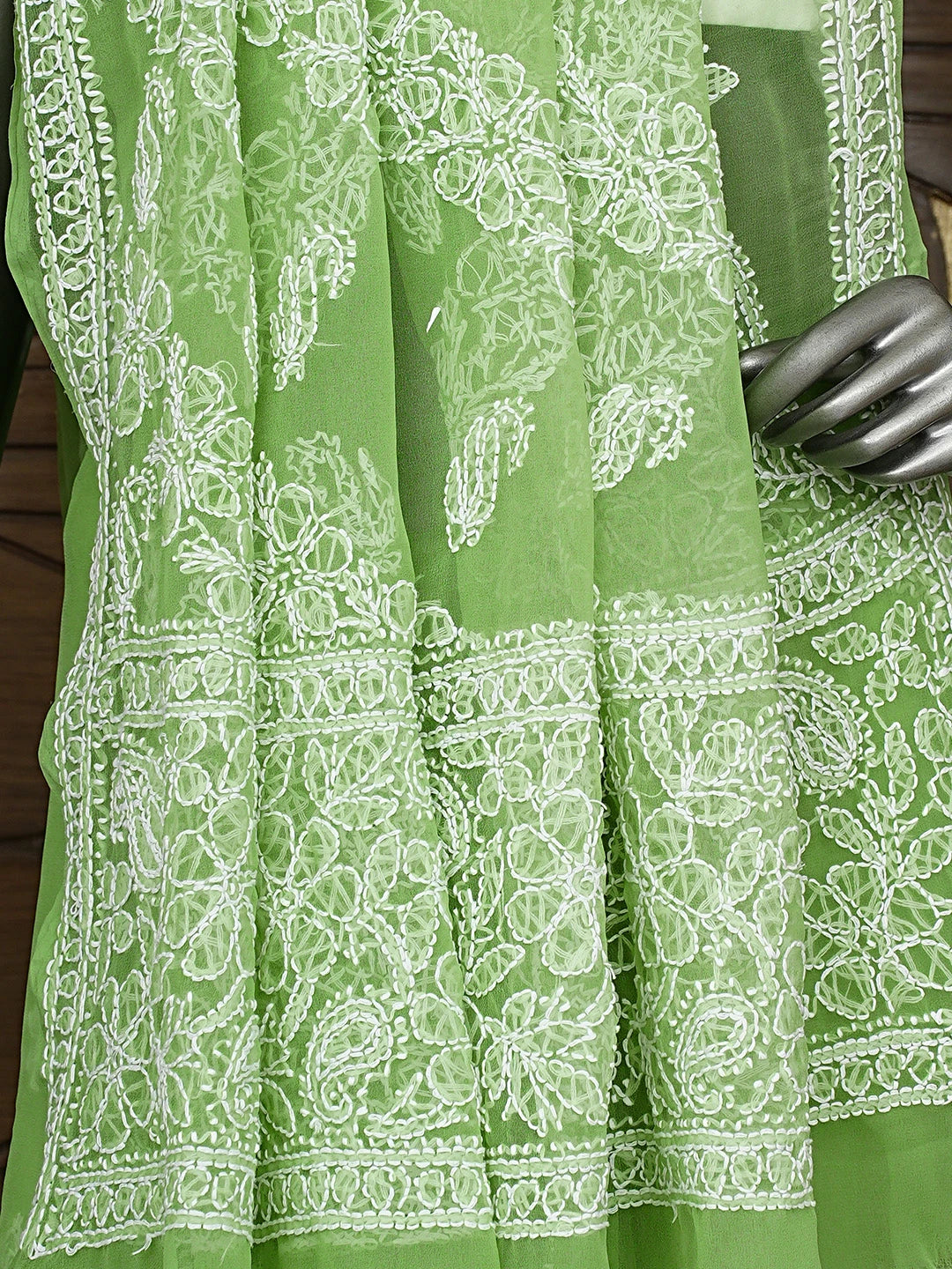 Ada Hand Embroidered Green Georgette Lucknowi Chikankari Saree With Blouse 01A947707