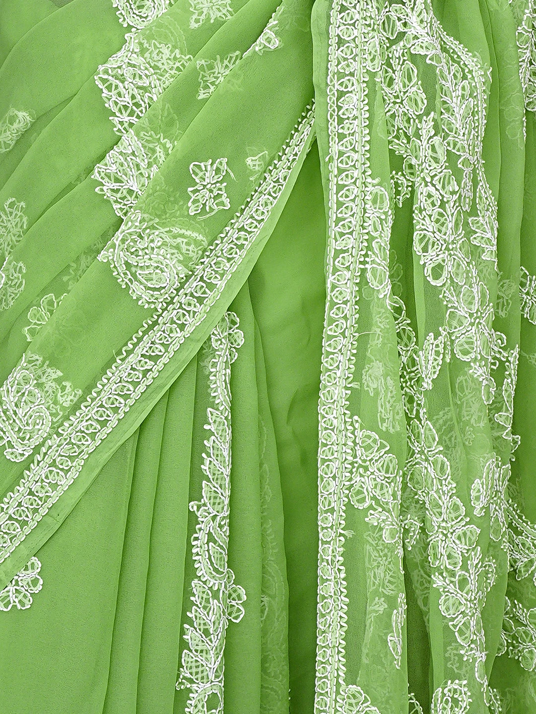 Ada Hand Embroidered Green Georgette Lucknowi Chikankari Saree With Blouse 01A947707