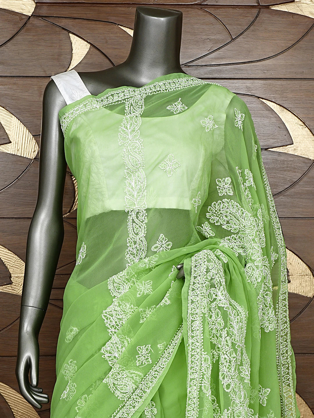 Ada Hand Embroidered Green Georgette Lucknowi Chikankari Saree With Blouse 01A947707