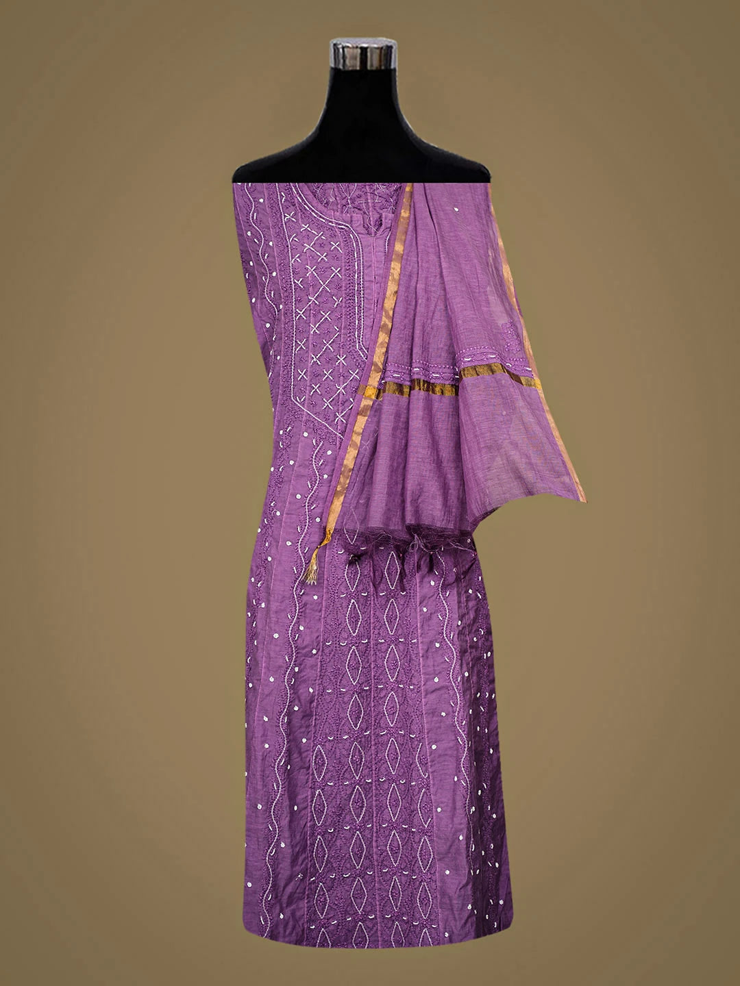 Ada Hand Embroidered Purple Chanderi Lucknowi Chikankari Semi-Stitched Anarkali Kurta Dupatta Set With Pearl Work 01A813718
