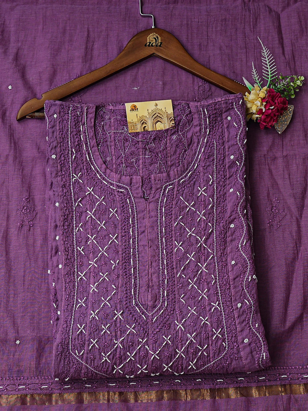 Ada Hand Embroidered Purple Chanderi Lucknowi Chikankari Semi-Stitched Anarkali Kurta Dupatta Set With Pearl Work 01A813718