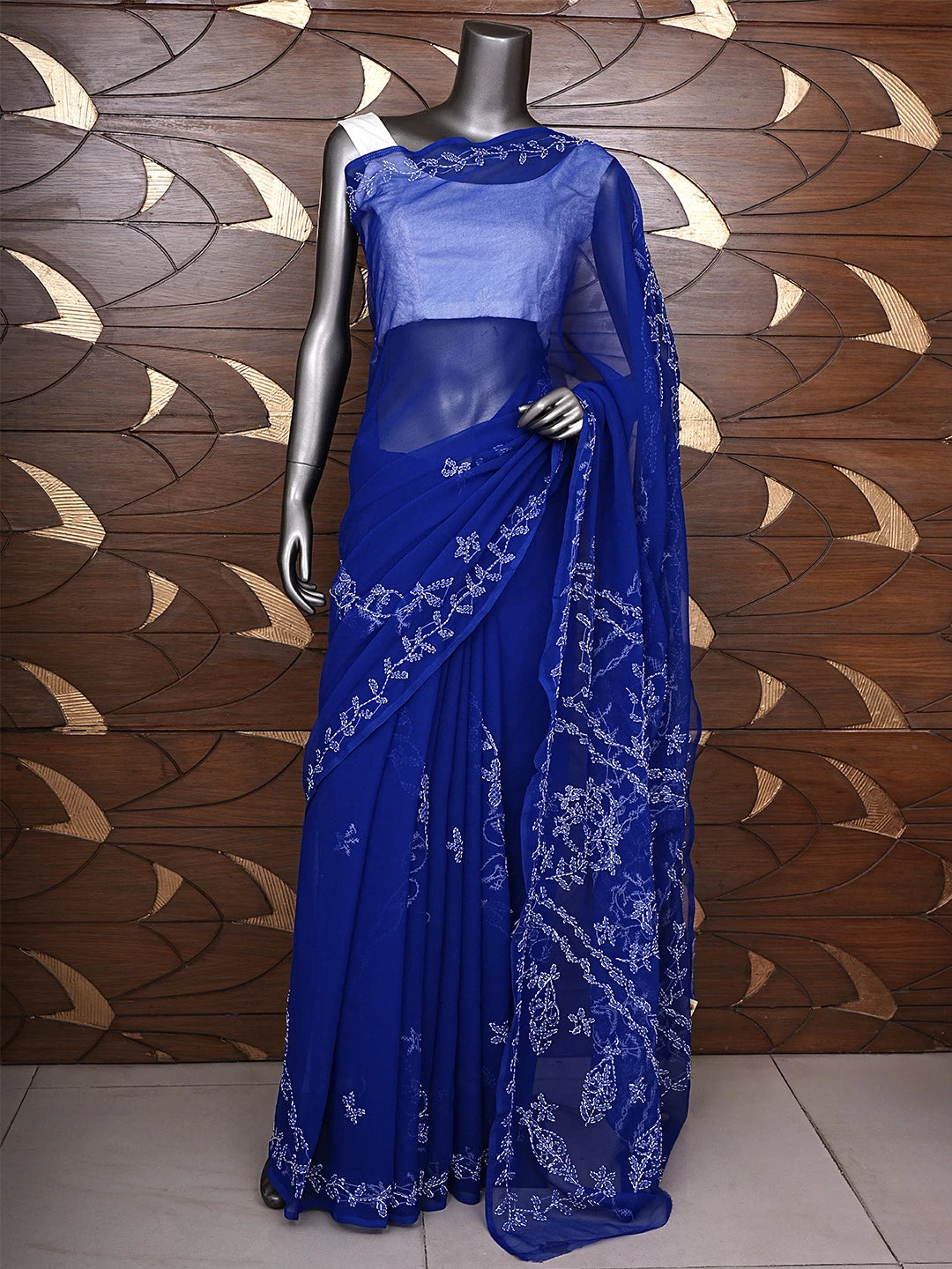 Ada Hand Embroidered Royal Blue Georgette Lucknowi Chikankari Saree With Blouse 01A934758