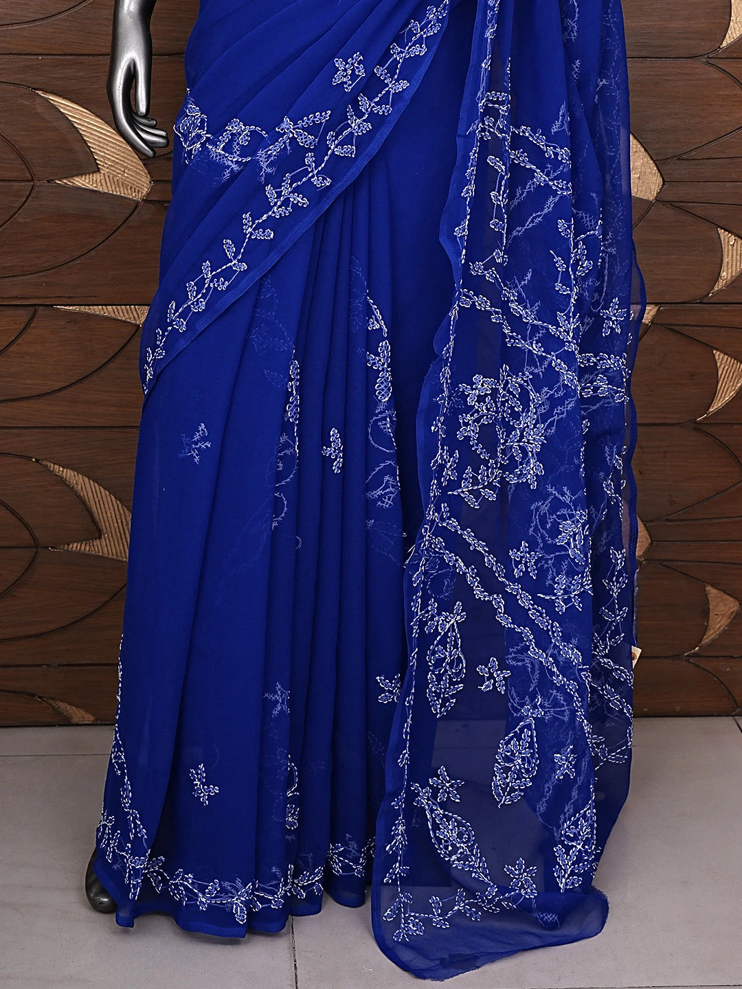 Ada Hand Embroidered Royal Blue Georgette Lucknowi Chikankari Saree With Blouse 01A934758