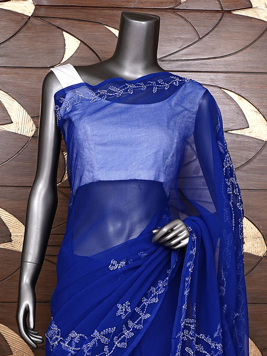 Ada Hand Embroidered Royal Blue Georgette Lucknowi Chikankari Saree With Blouse 01A934758