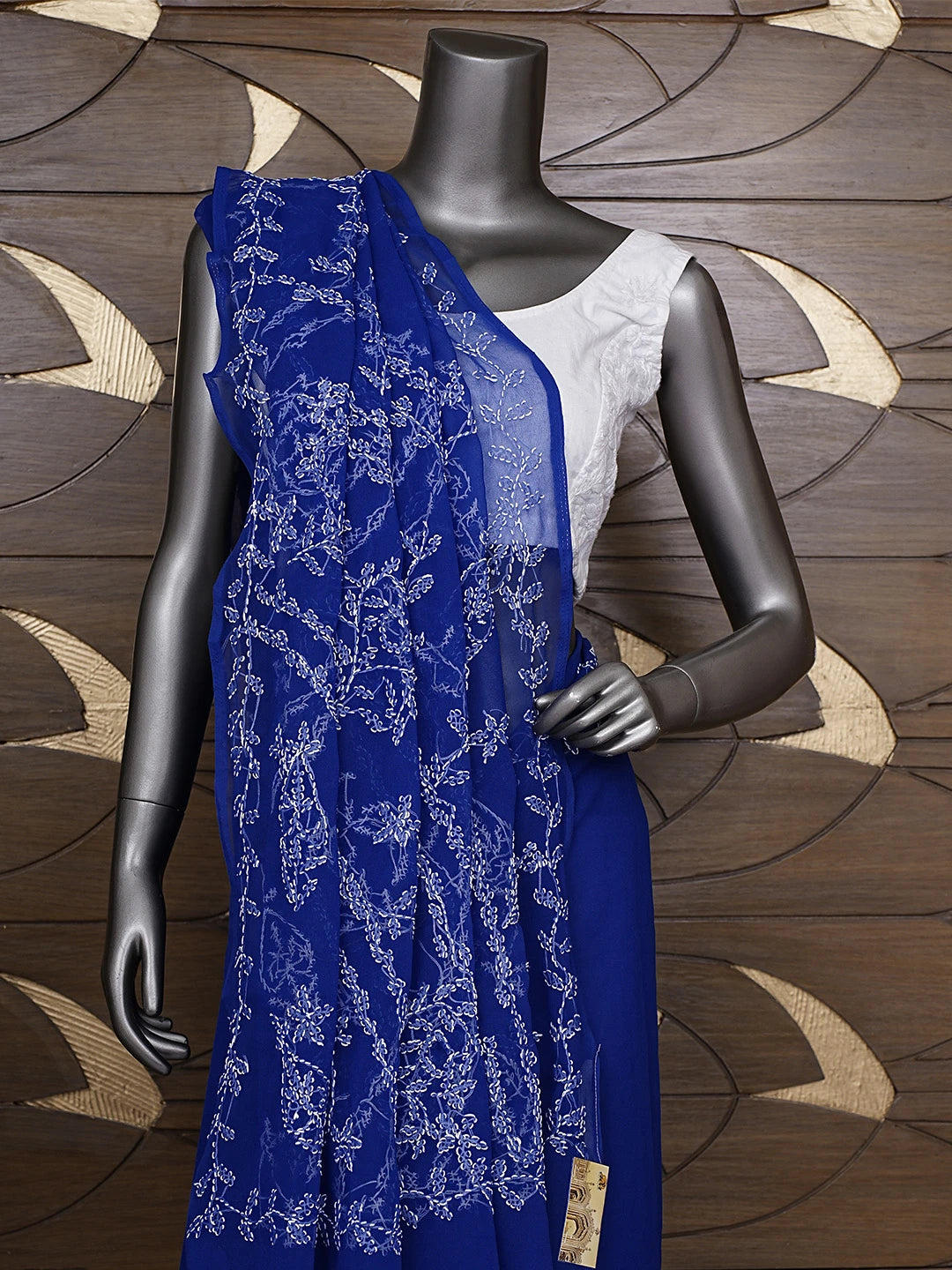 Ada Hand Embroidered Royal Blue Georgette Lucknowi Chikankari Saree With Blouse 01A934758