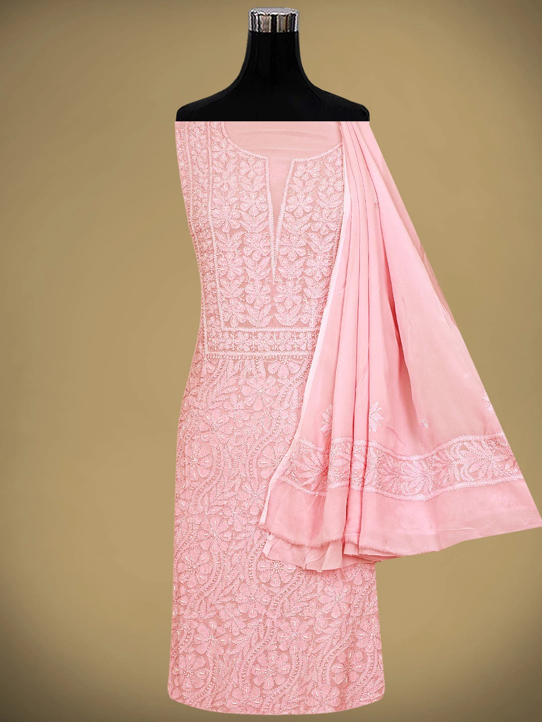 Ada Hand Embroidered Pink Viscose Georgette Lucknowi Chikankari Unstitched Kurta Dupatta Set With Cutdana Work 01A944817
