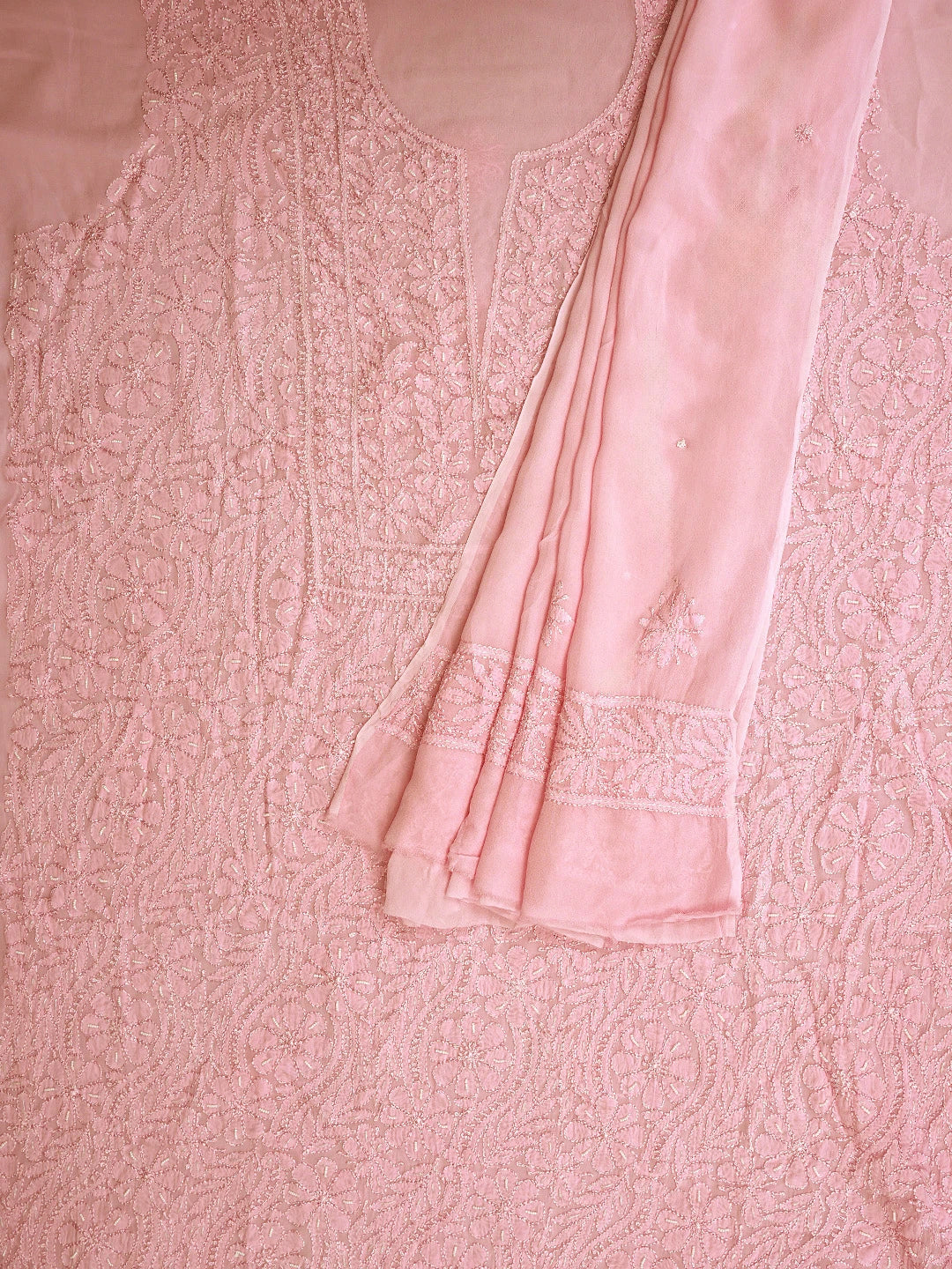 Ada Hand Embroidered Pink Viscose Georgette Lucknowi Chikankari Unstitched Kurta Dupatta Set With Cutdana Work 01A944817