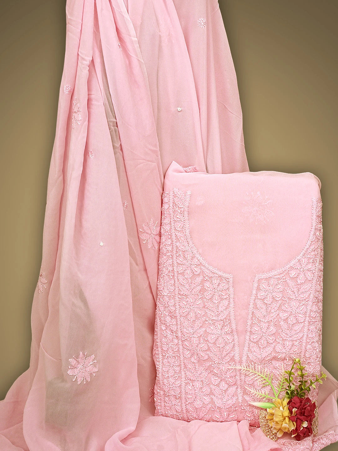 Ada Hand Embroidered Pink Viscose Georgette Lucknowi Chikankari Unstitched Kurta Dupatta Set With Cutdana Work 01A944817