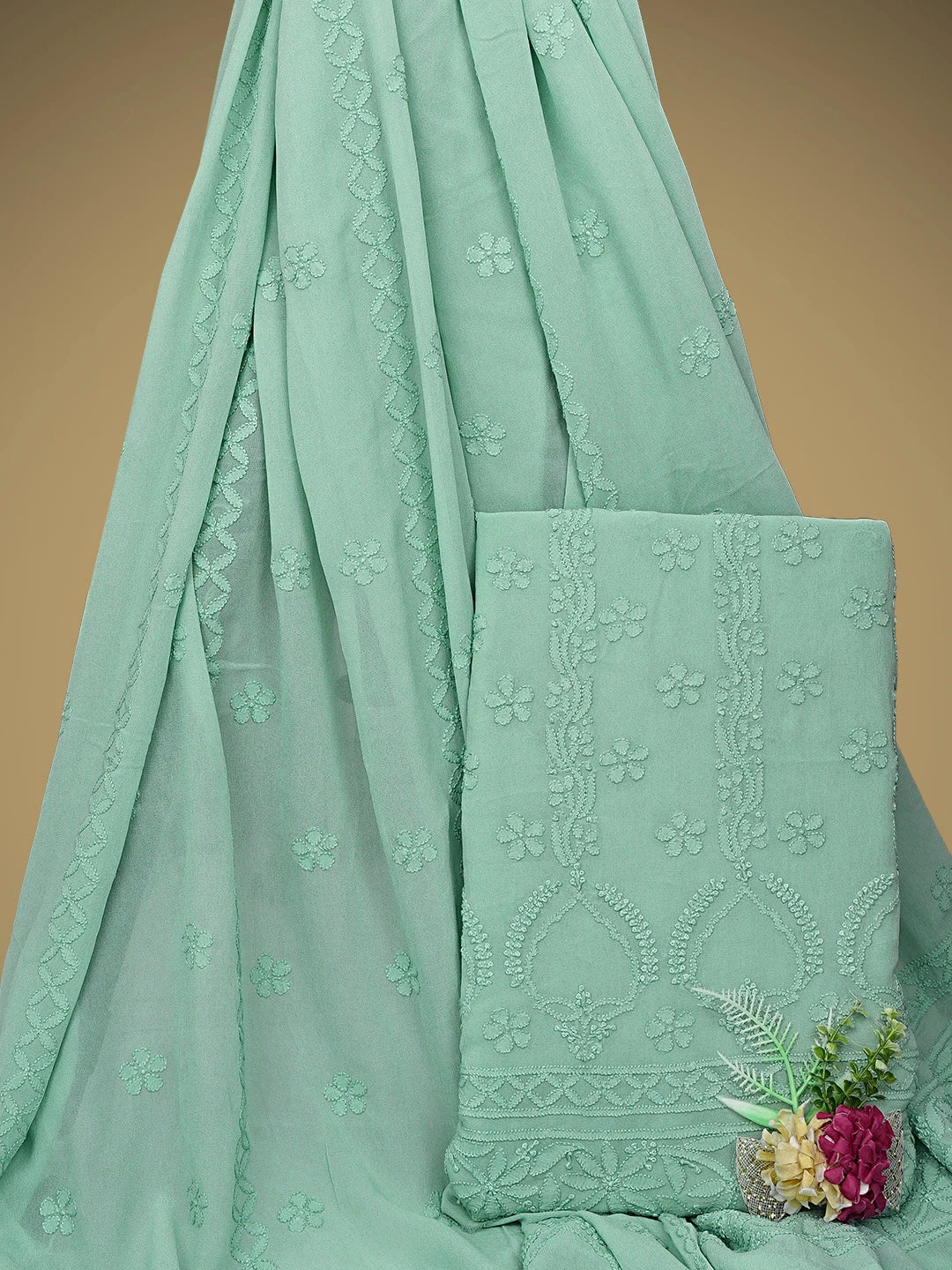 Ada Hand Embroidered Teal Green Viscose Georgette Lucknowi Chikankari Unstitched Kurta Dupatta Set 01A585491