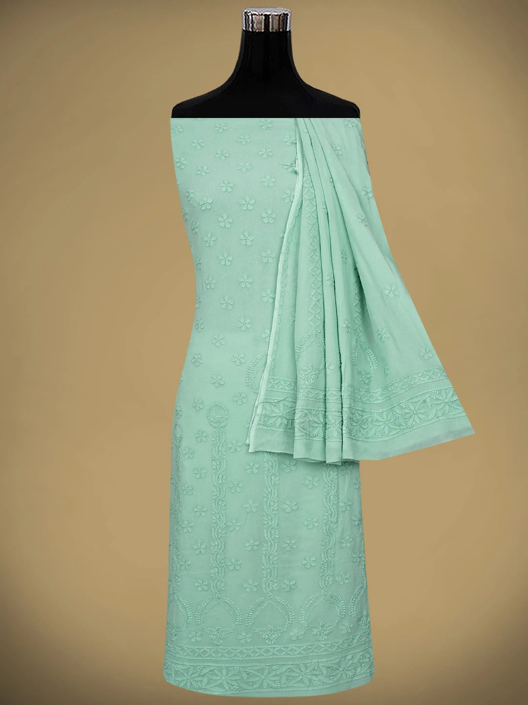 Ada Hand Embroidered Teal Green Viscose Georgette Lucknowi Chikankari Unstitched Kurta Dupatta Set 01A585491