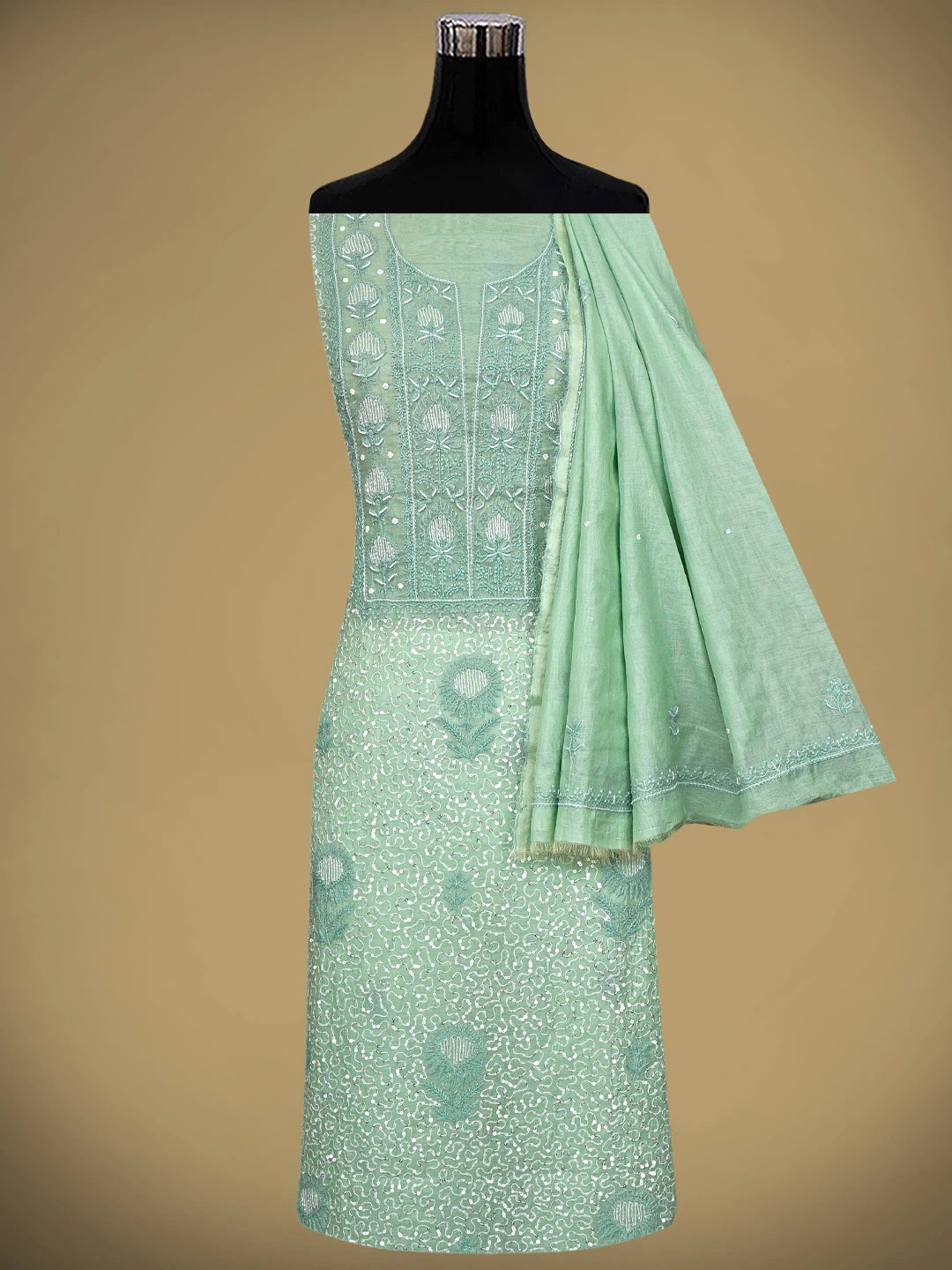 Ada Hand Embroidered Sea Green Chanderi Lucknowi Chikankari Unstitched Kurta Dupatta Set With Sequinned Work 01A911263