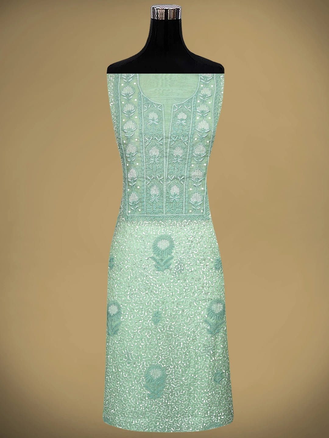 Ada Hand Embroidered Sea Green Chanderi Lucknowi Chikankari Unstitched Kurta Dupatta Set With Sequinned Work 01A911263