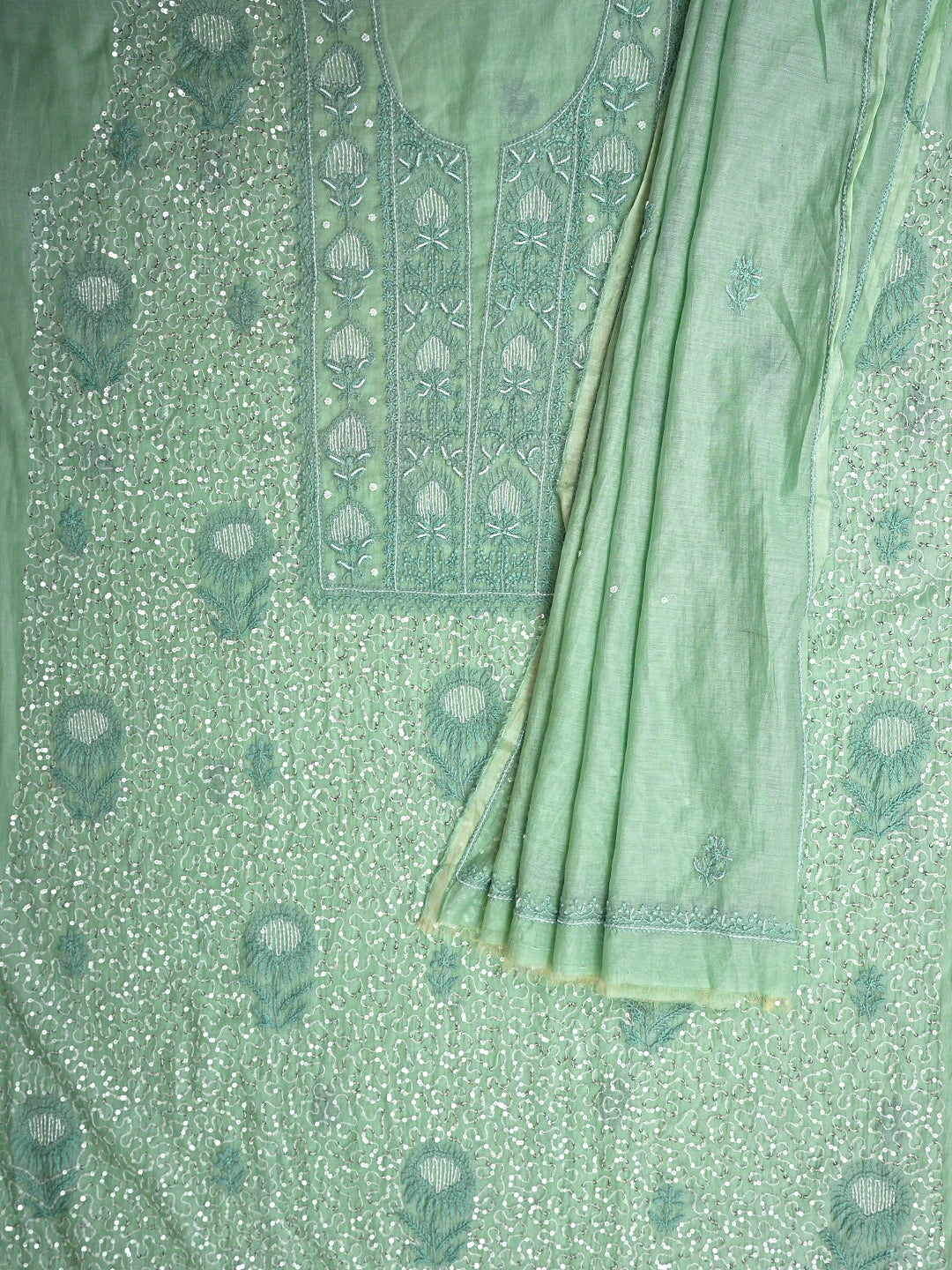 Ada Hand Embroidered Sea Green Chanderi Lucknowi Chikankari Unstitched Kurta Dupatta Set With Sequinned Work 01A911263