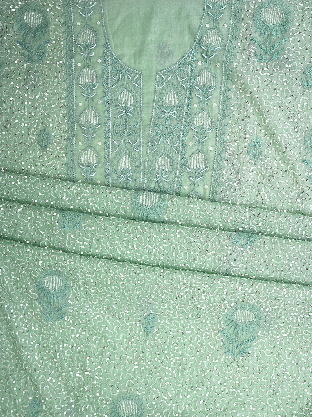 Ada Hand Embroidered Sea Green Chanderi Lucknowi Chikankari Unstitched Kurta Dupatta Set With Sequinned Work 01A911263