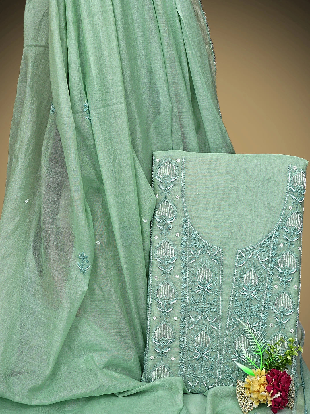 Ada Hand Embroidered Sea Green Chanderi Lucknowi Chikankari Unstitched Kurta Dupatta Set With Sequinned Work 01A911263
