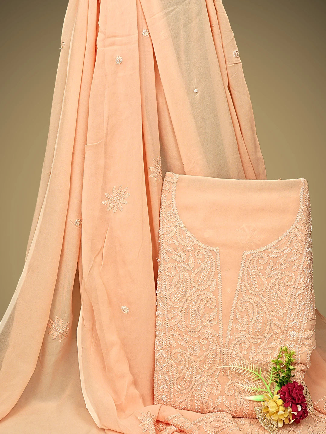Ada Hand Embroidered Peach Viscose Georgette Lucknowi Chikankari Unstitched Kurta Dupatta Set With Cutdana  Work 01A933610