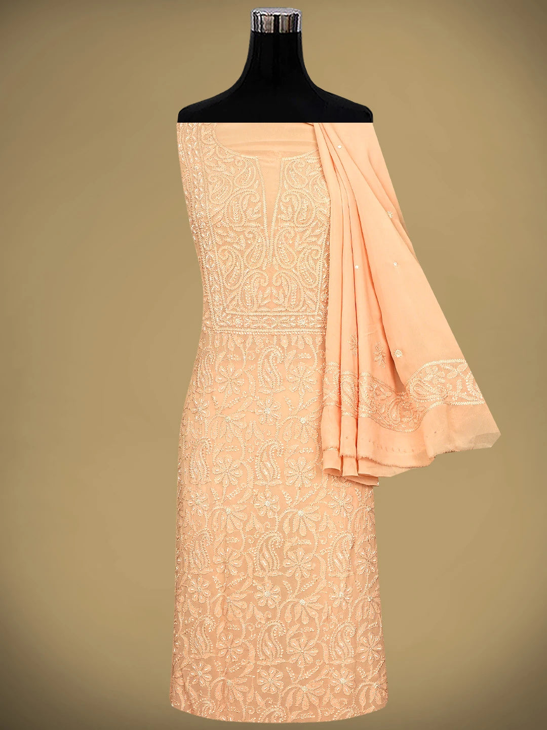 Ada Hand Embroidered Peach Viscose Georgette Lucknowi Chikankari Unstitched Kurta Dupatta Set With Cutdana  Work 01A933610