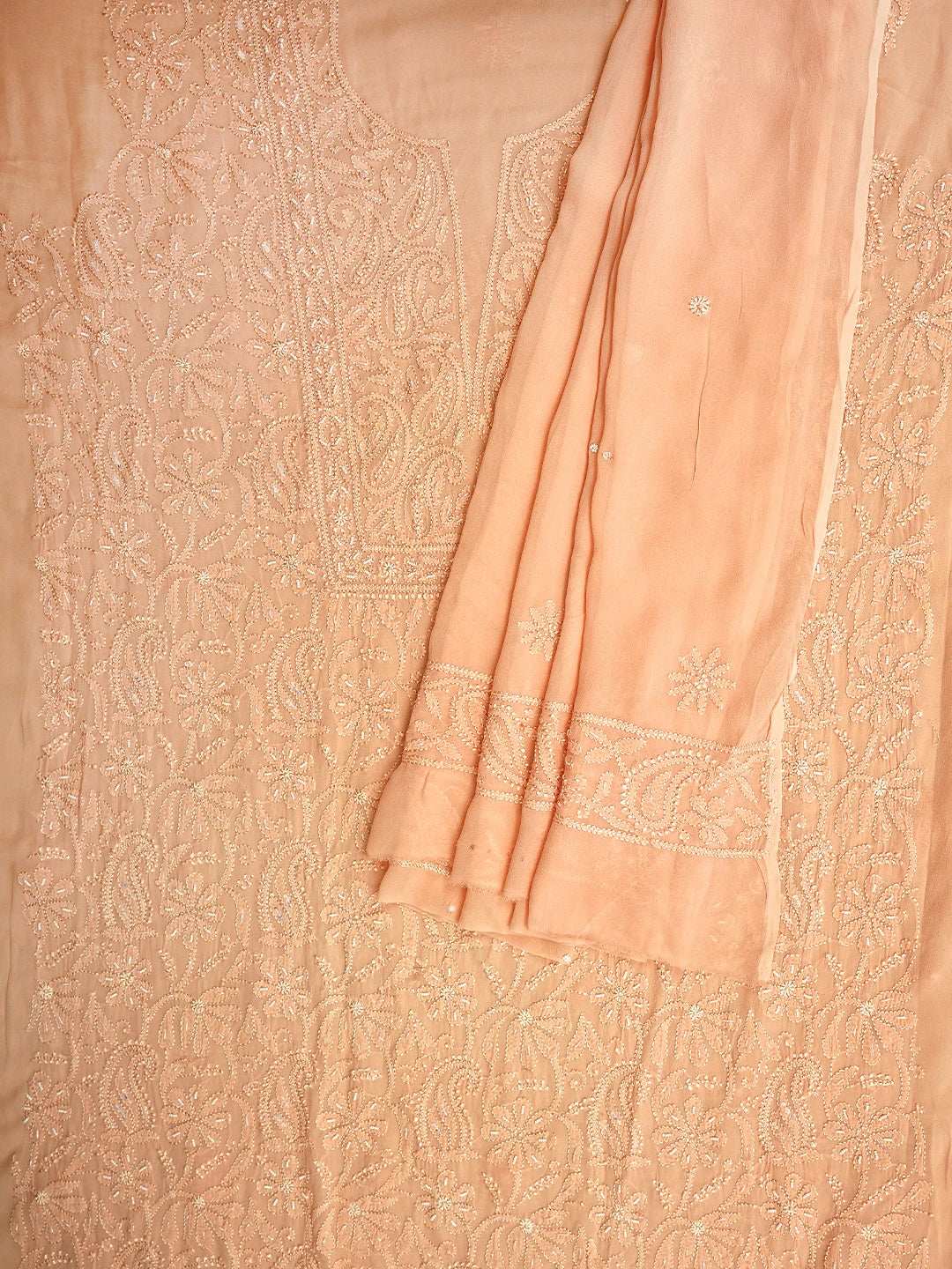 Ada Hand Embroidered Peach Viscose Georgette Lucknowi Chikankari Unstitched Kurta Dupatta Set With Cutdana  Work 01A933610