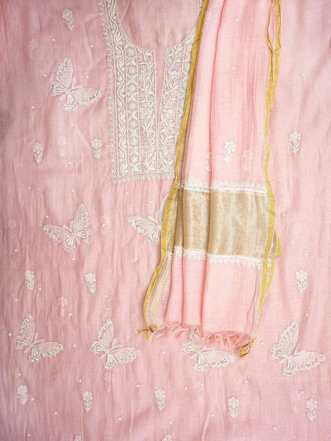 Ada Hand Embroidered Pink Chanderi Lucknowi Chikankari Unstitched Kurta Dupatta Set With Cutdana Work 01A935256