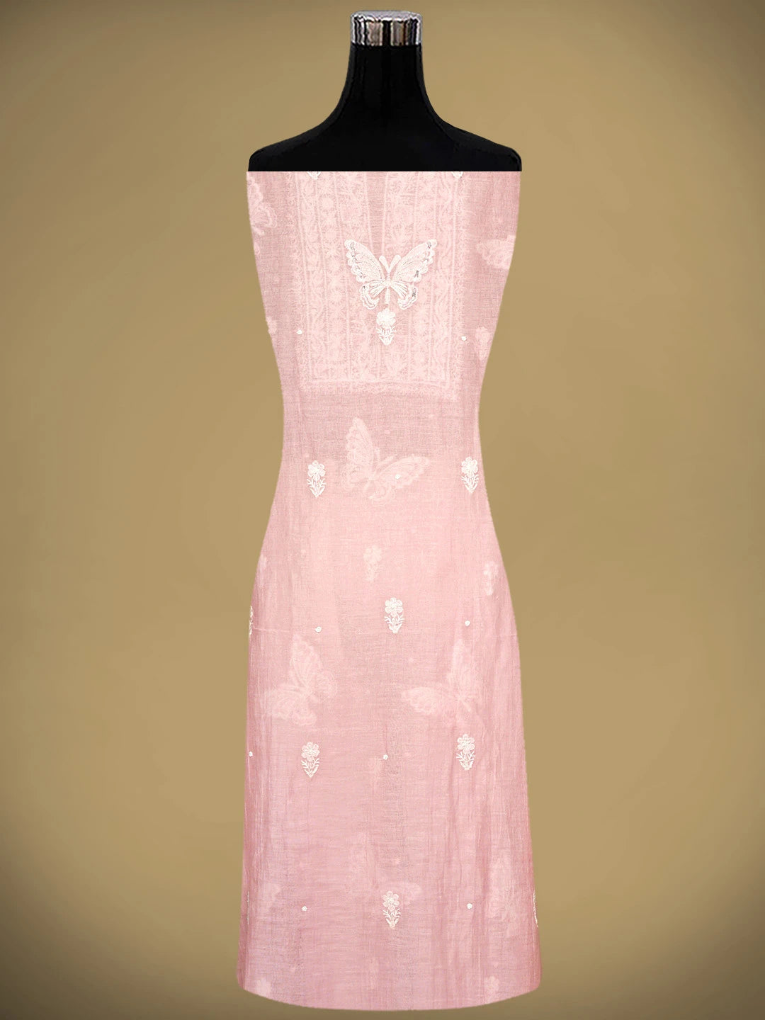 Ada Hand Embroidered Pink Chanderi Lucknowi Chikankari Unstitched Kurta Dupatta Set With Cutdana Work 01A935256