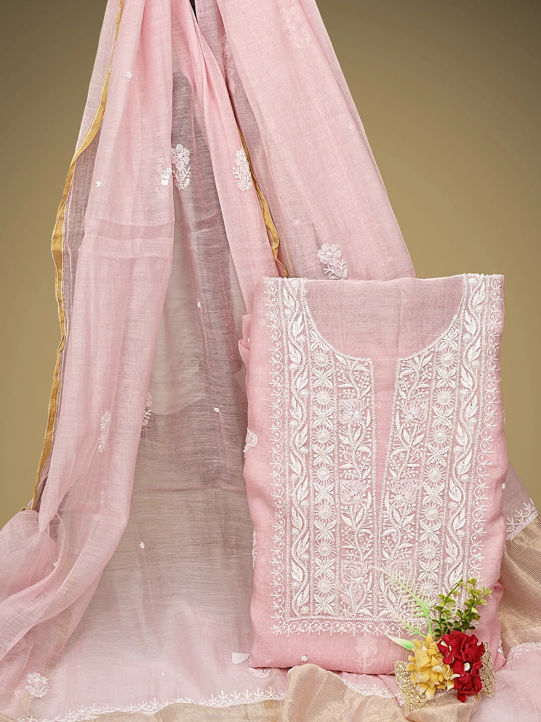 Ada Hand Embroidered Pink Chanderi Lucknowi Chikankari Unstitched Kurta Dupatta Set With Cutdana Work 01A935256