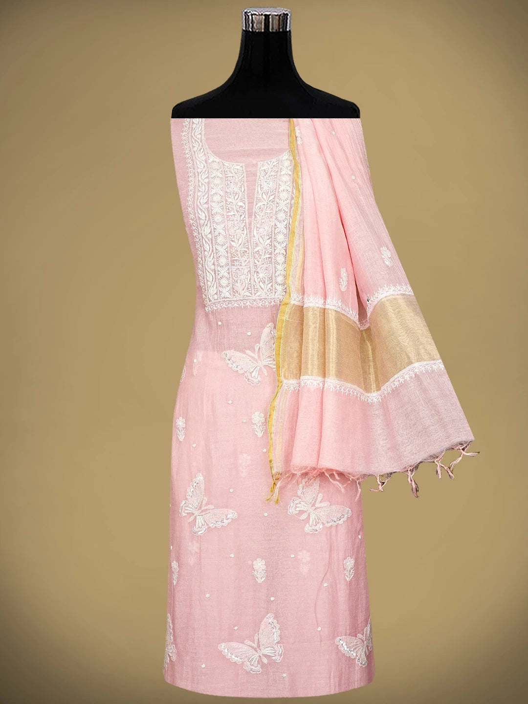 Ada Hand Embroidered Pink Chanderi Lucknowi Chikankari Unstitched Kurta Dupatta Set With Cutdana Work 01A935256