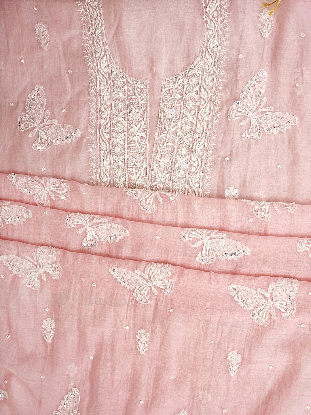 Ada Hand Embroidered Pink Chanderi Lucknowi Chikankari Unstitched Kurta Dupatta Set With Cutdana Work 01A935256