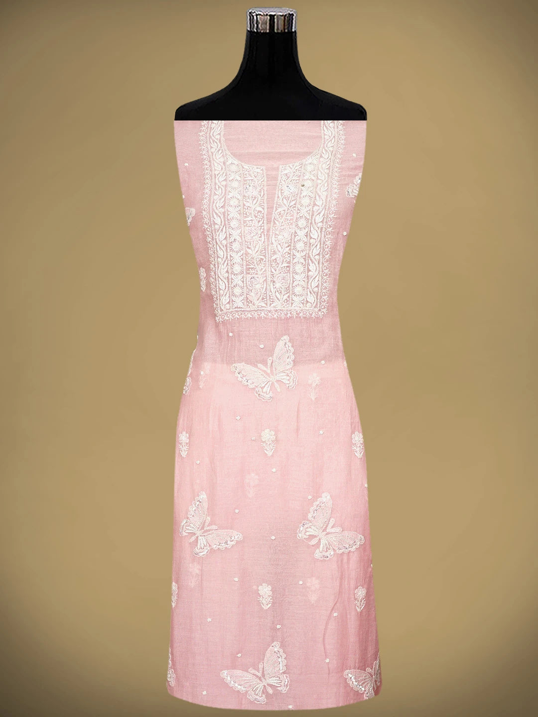 Ada Hand Embroidered Pink Chanderi Lucknowi Chikankari Unstitched Kurta Dupatta Set With Cutdana Work 01A935256