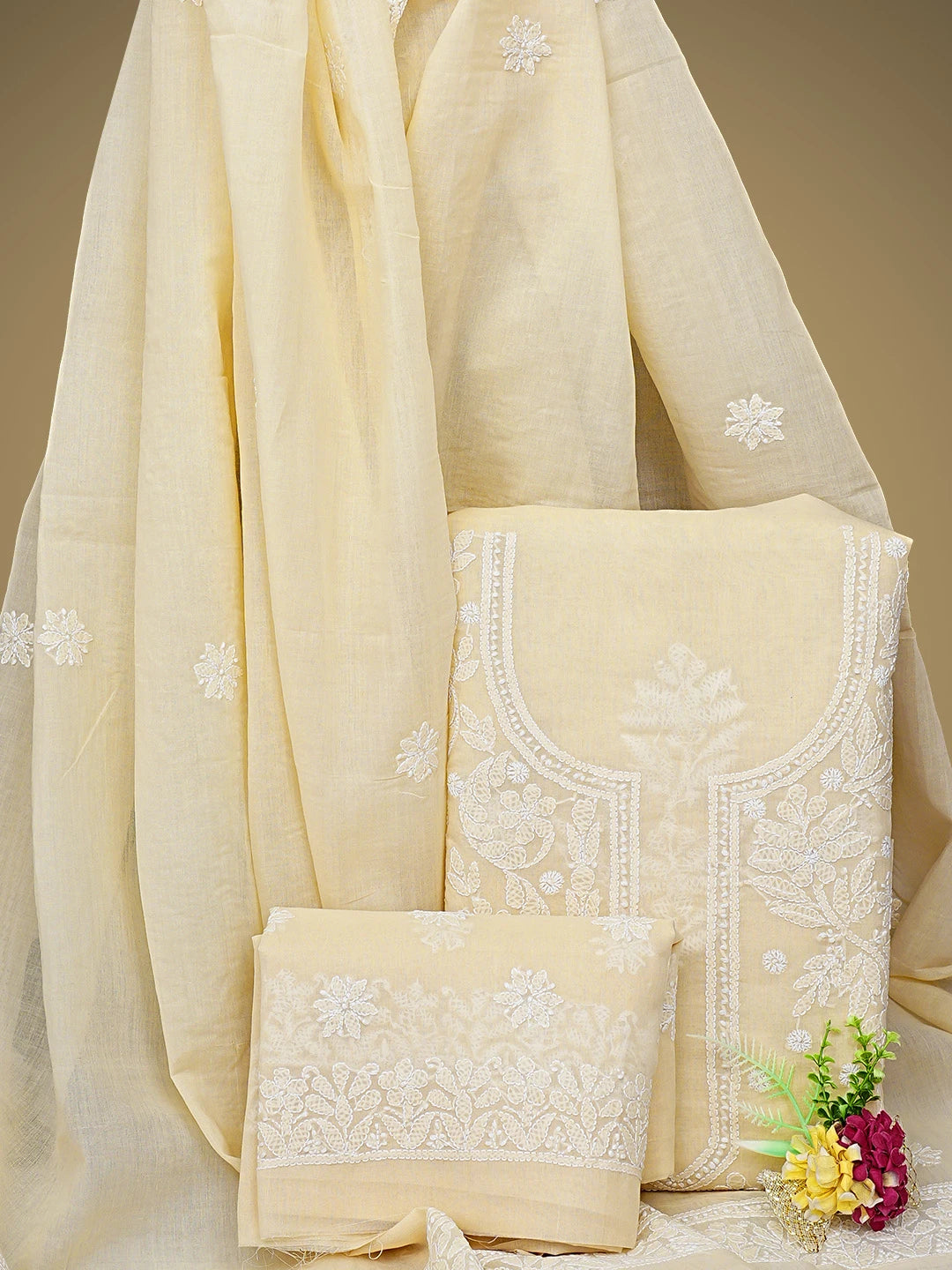 Ada Hand Embroidered Fawn Cotton Lucknowi Chikankari Unstitched Suit Piece 01A885457
