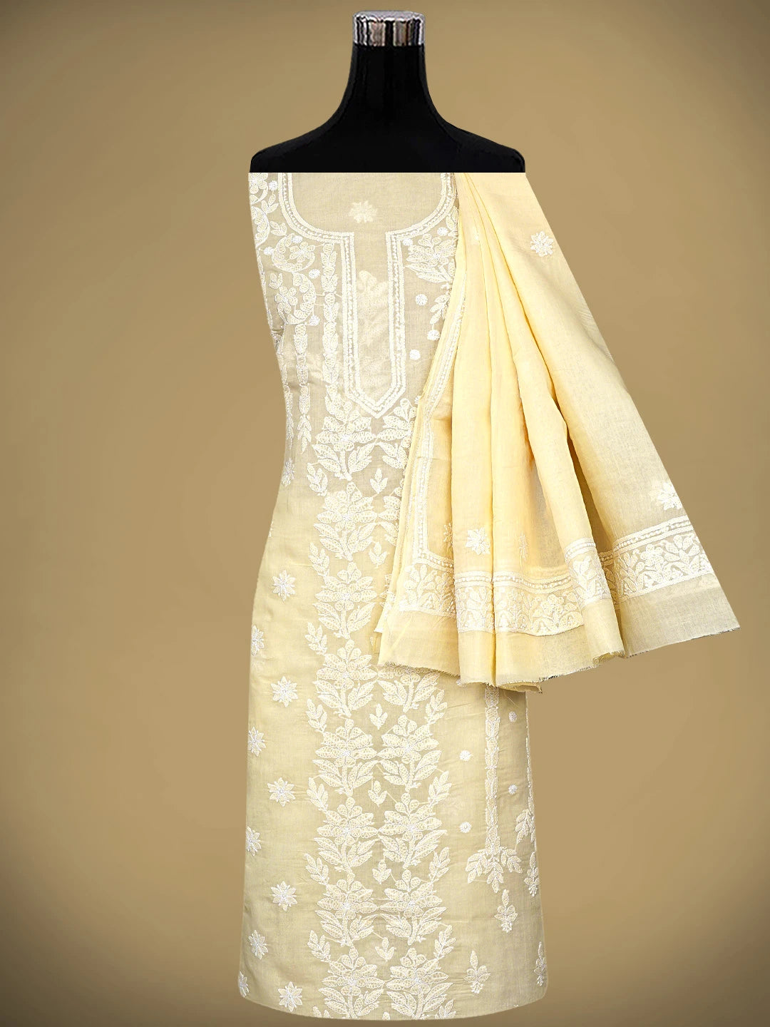 Ada Hand Embroidered Fawn Cotton Lucknowi Chikankari Unstitched Suit Piece 01A885457