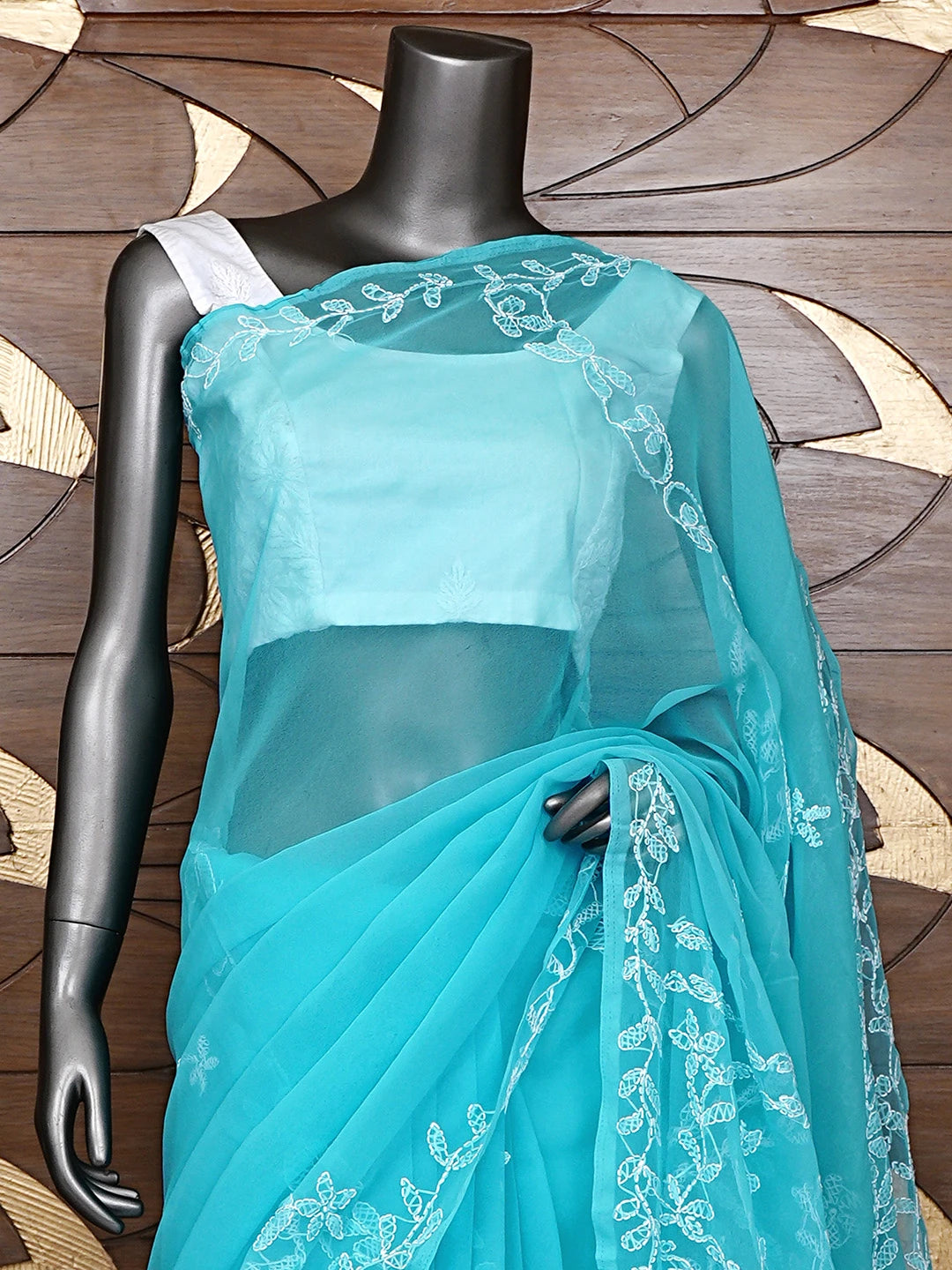 Ada Hand Embroidered Blue Georgette Lucknowi Chikankari Saree With Blouse 01A934754